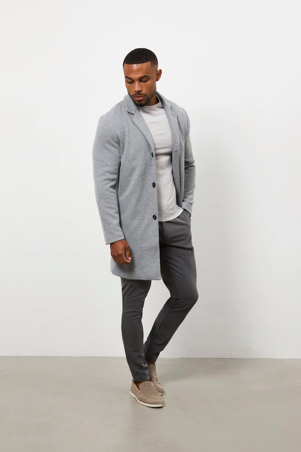 Single Breasted Herringbone Overcoat in Soft Grey - Image 2