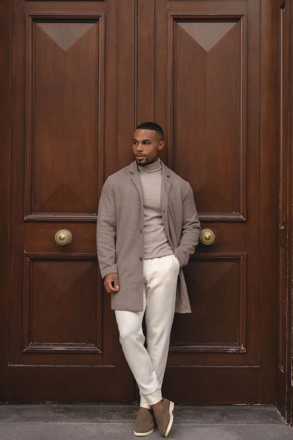 Single Breasted Herringbone Overcoat in Stone - Image 2