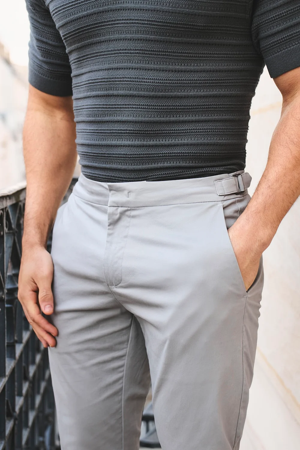 Smart Chino Side Adjuster Trousers in Pale Grey - Image 7