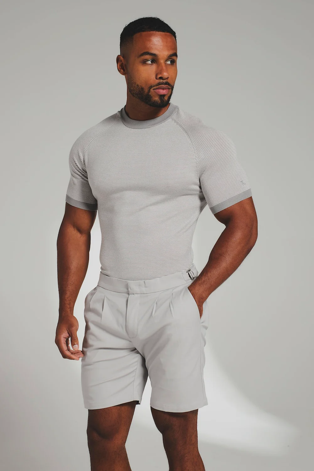 Smart Pleated Cotton Side Adjust Shorts in Pale Grey