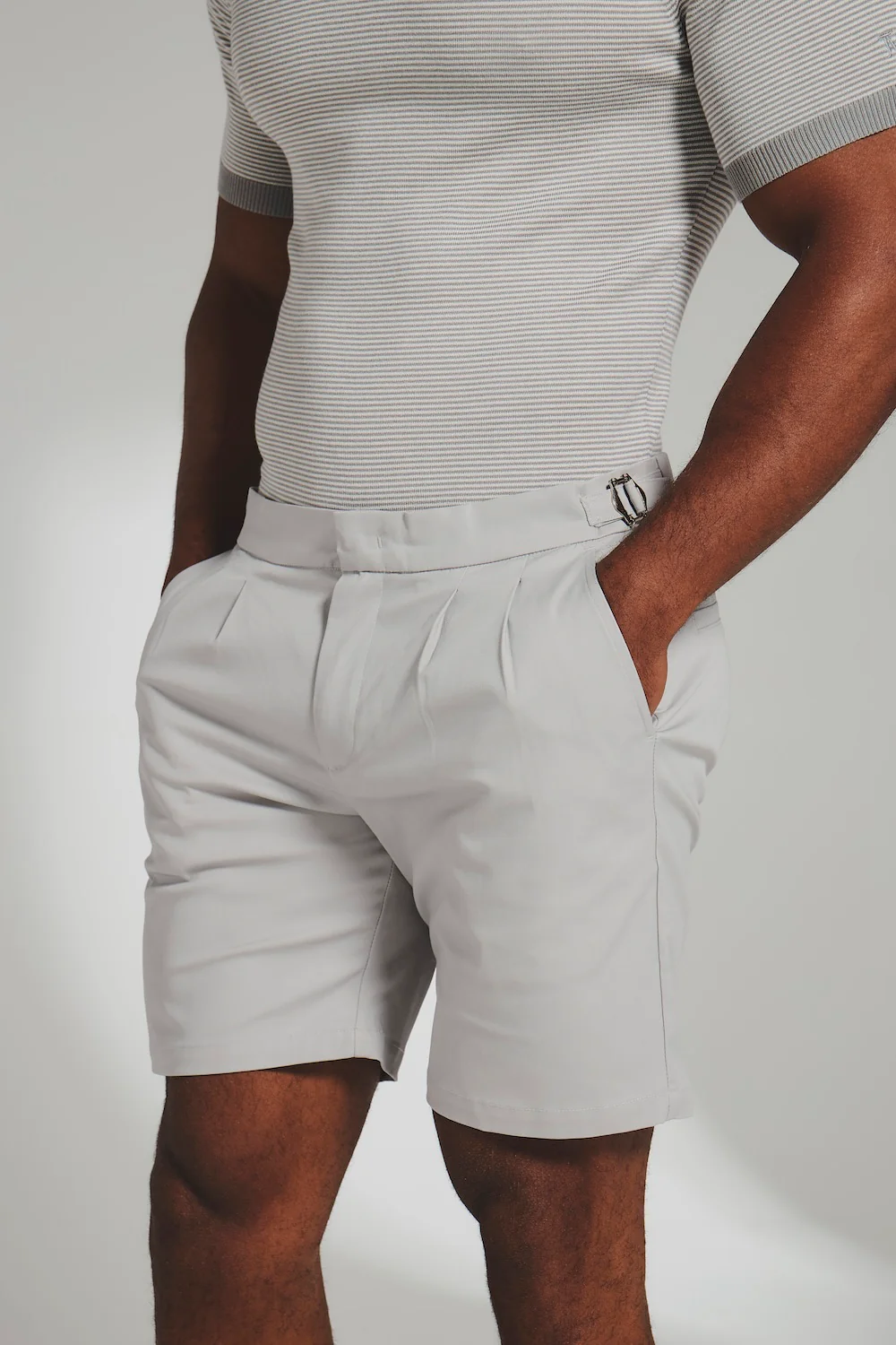 Smart Pleated Cotton Side Adjust Shorts in Pale Grey - Image 5