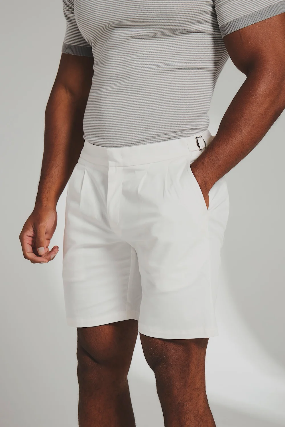 Smart Pleated Cotton Side Adjust Shorts in White - Image 5