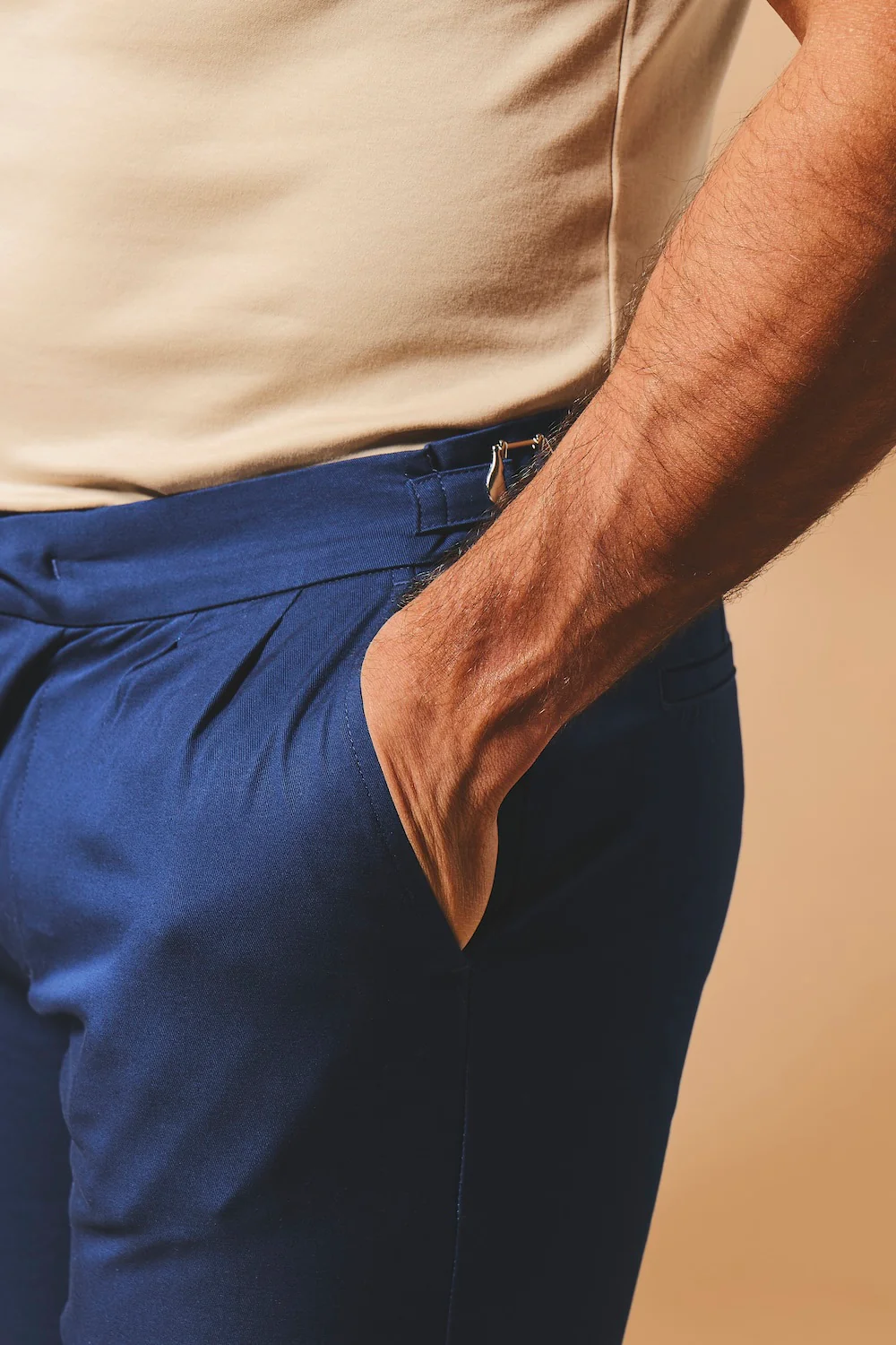 Smart Pleated Cotton Side Adjust Trouser in Navy - Image 5