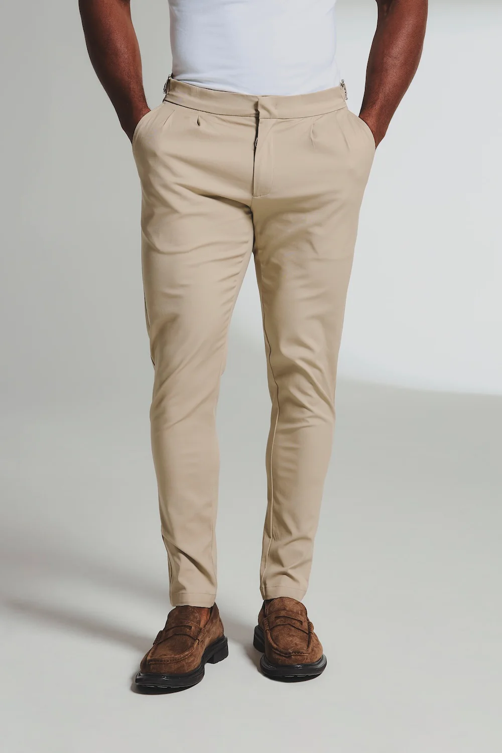 Smart Pleated Cotton Side Adjust Trouser in Stone - Image 2