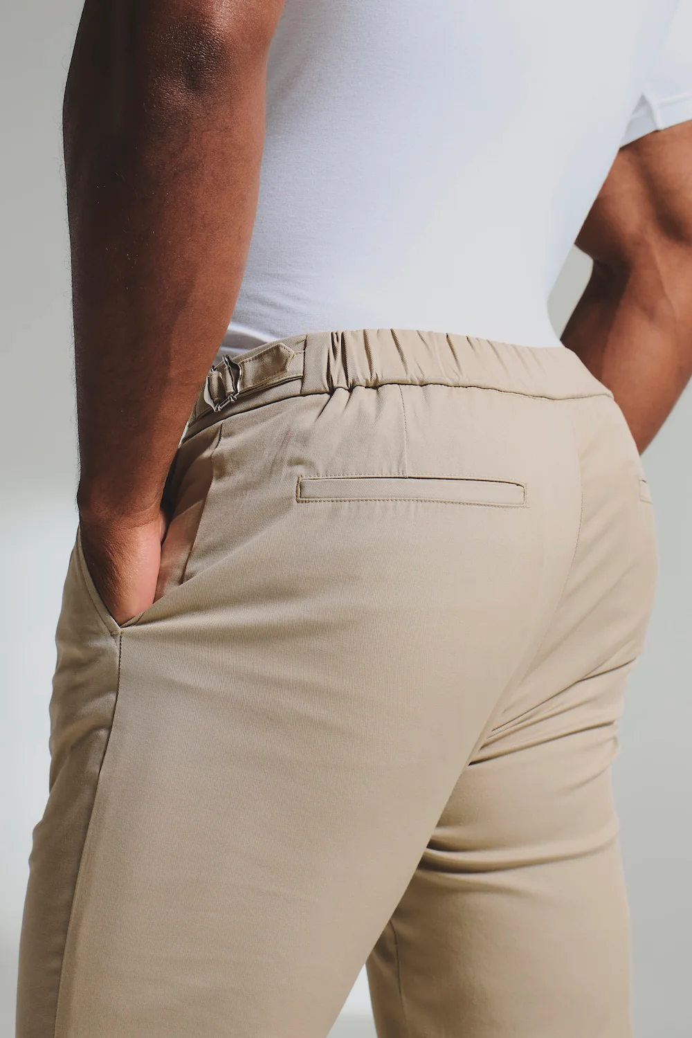 Smart Pleated Cotton Side Adjust Trouser in Stone - Image 6