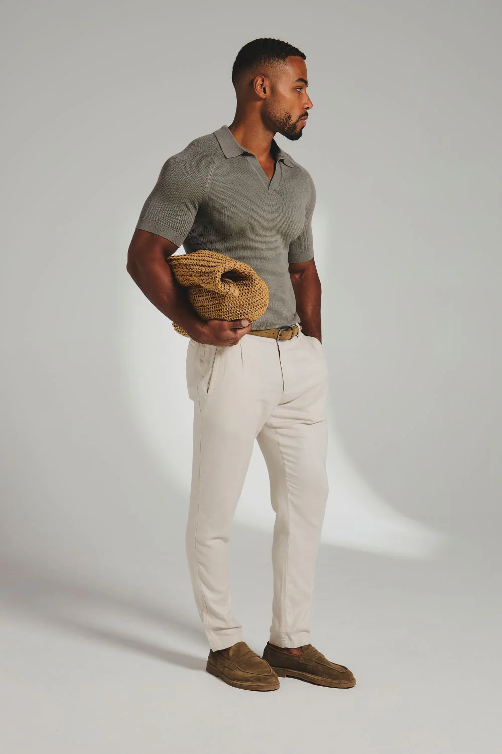 Square Textured Knitted Open Collar Polo Shirt in Sage - Image 4