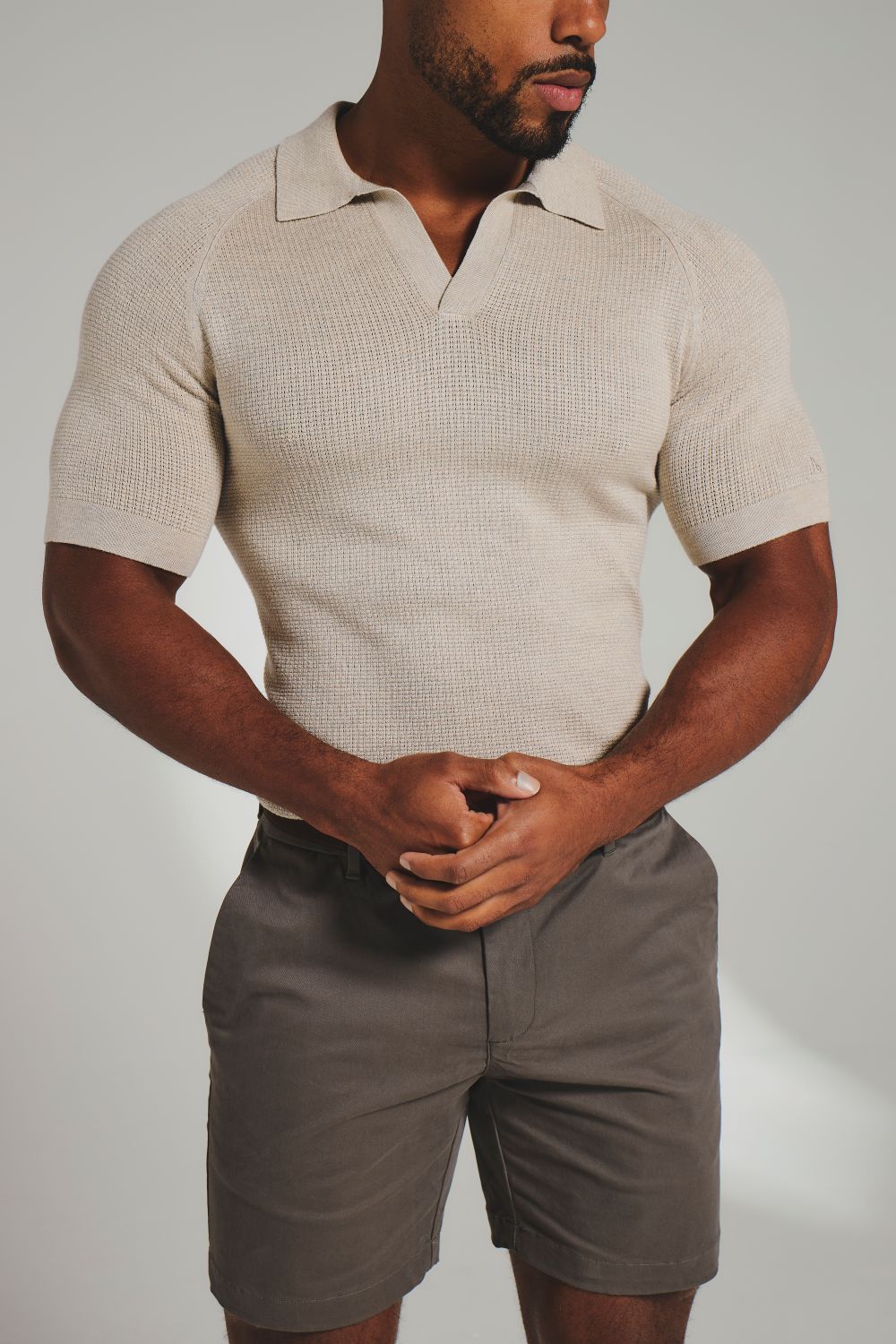 Square Textured Knitted Open Collar Polo Shirt in Wheat Marl - Image 2