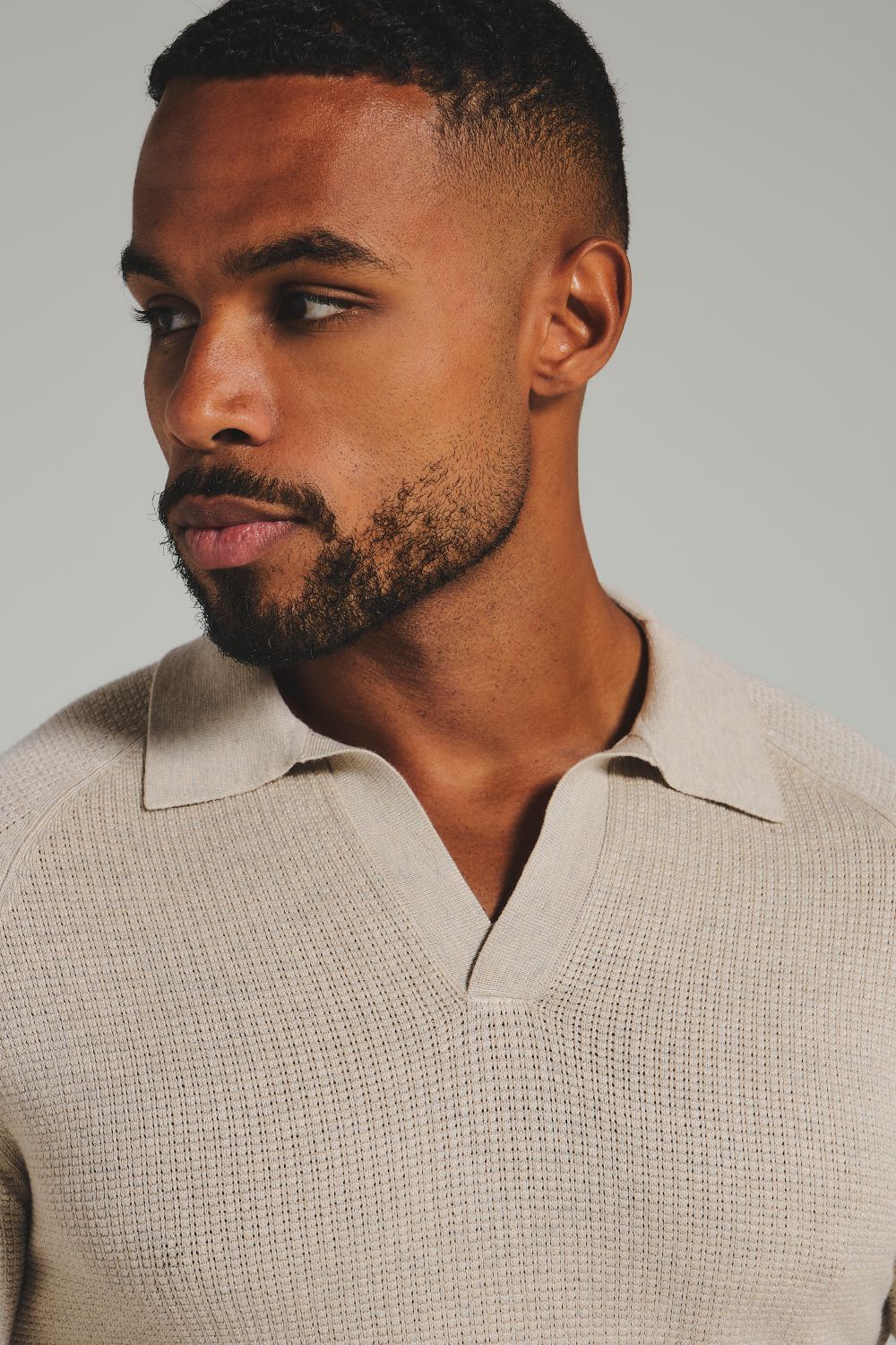 Square Textured Knitted Open Collar Polo Shirt in Wheat Marl - Image 3