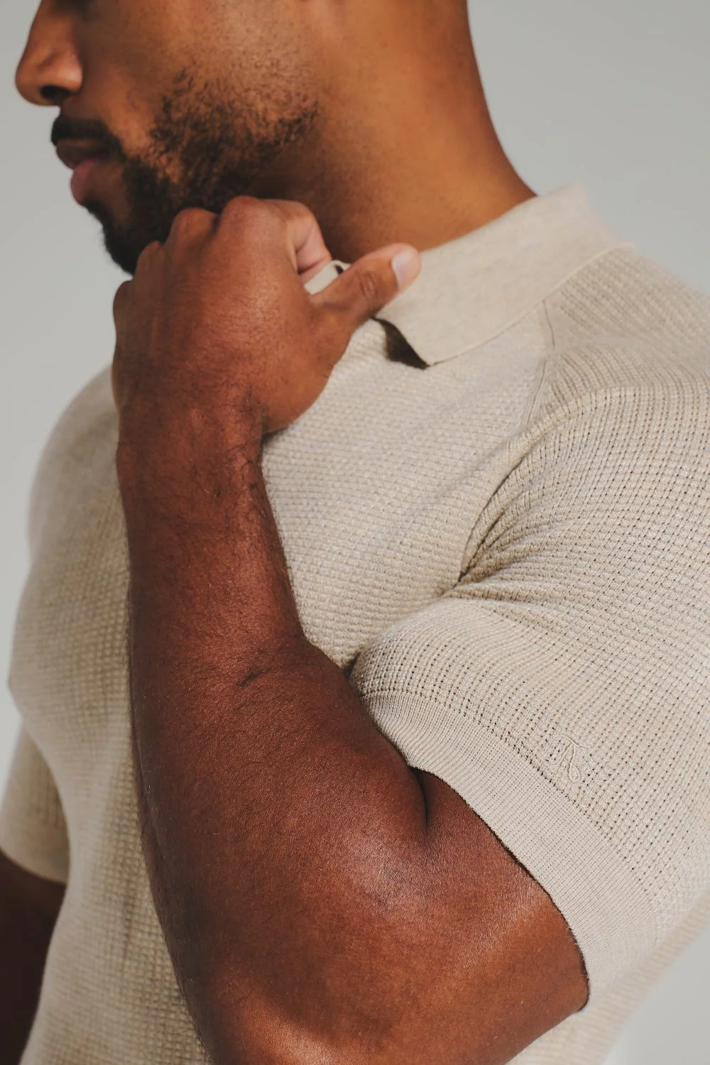 Square Textured Knitted Open Collar Polo Shirt in Wheat Marl - Image 4