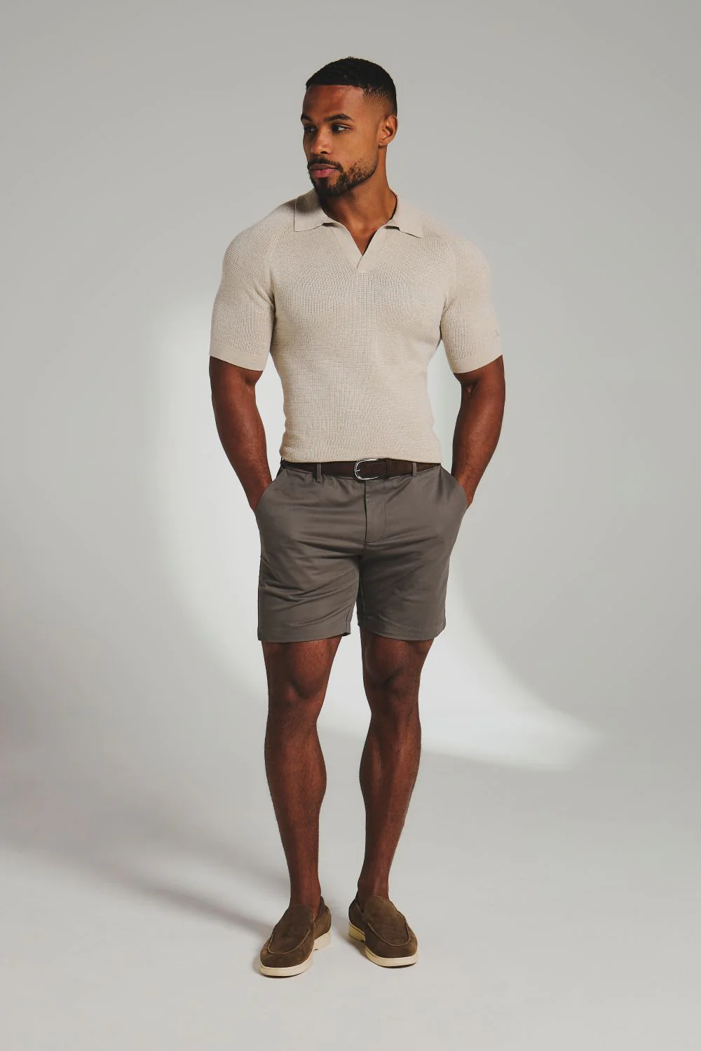 Square Textured Knitted Open Collar Polo Shirt in Wheat Marl - Image 5