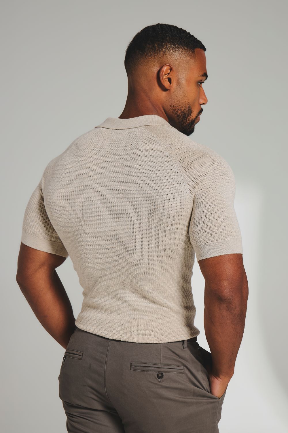 Square Textured Knitted Open Collar Polo Shirt in Wheat Marl - Image 7