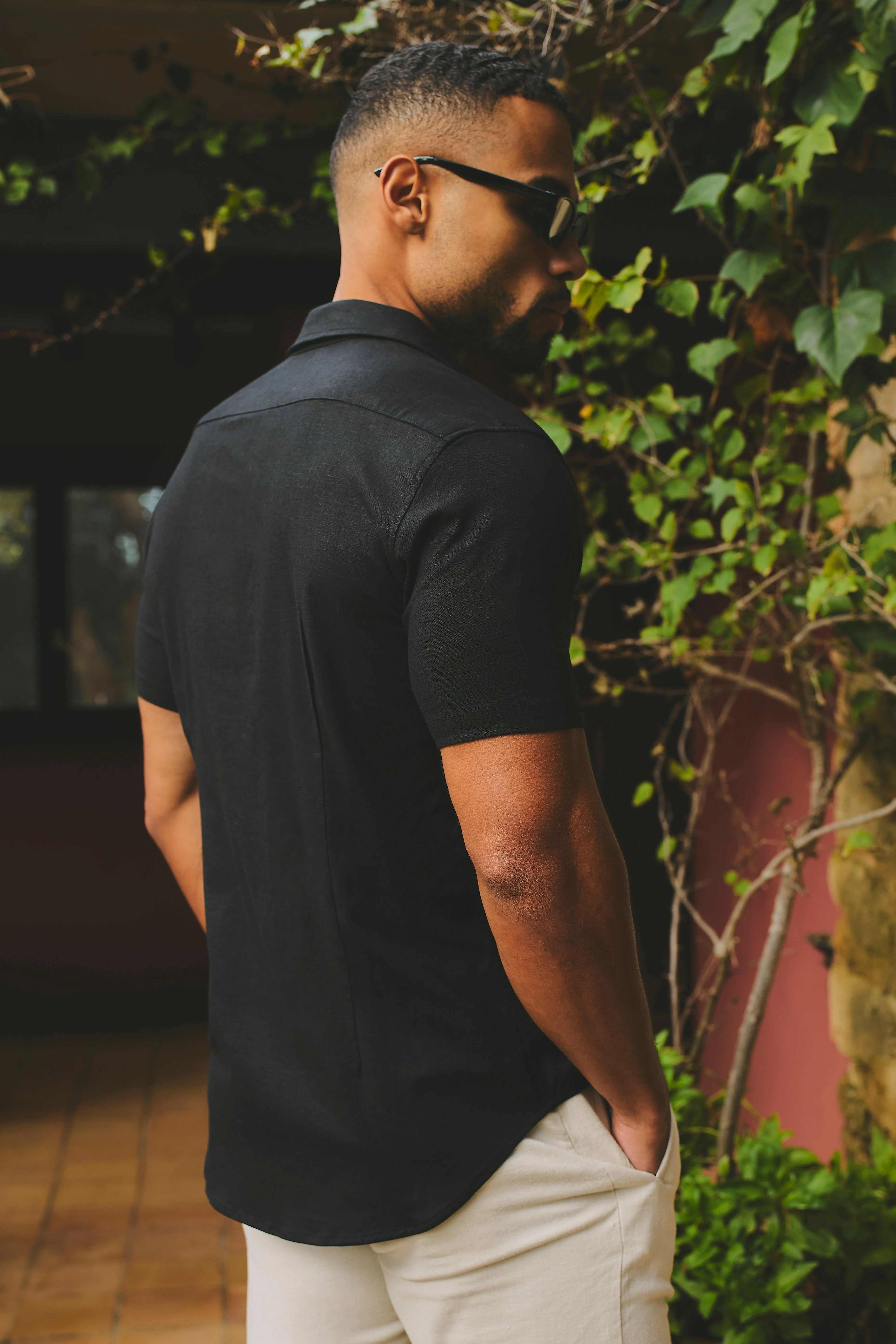 Stretch Linen Blend Button Through Shirt in Black - Image 7
