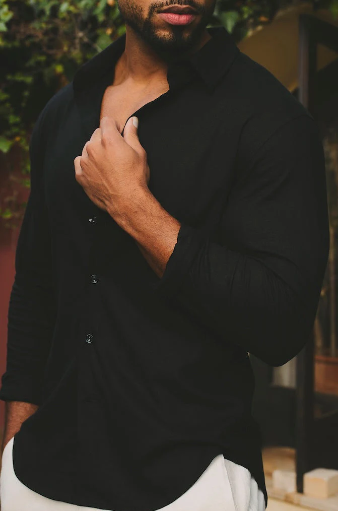 Stretch Linen Blend Button Through Shirt in Black - Image 4
