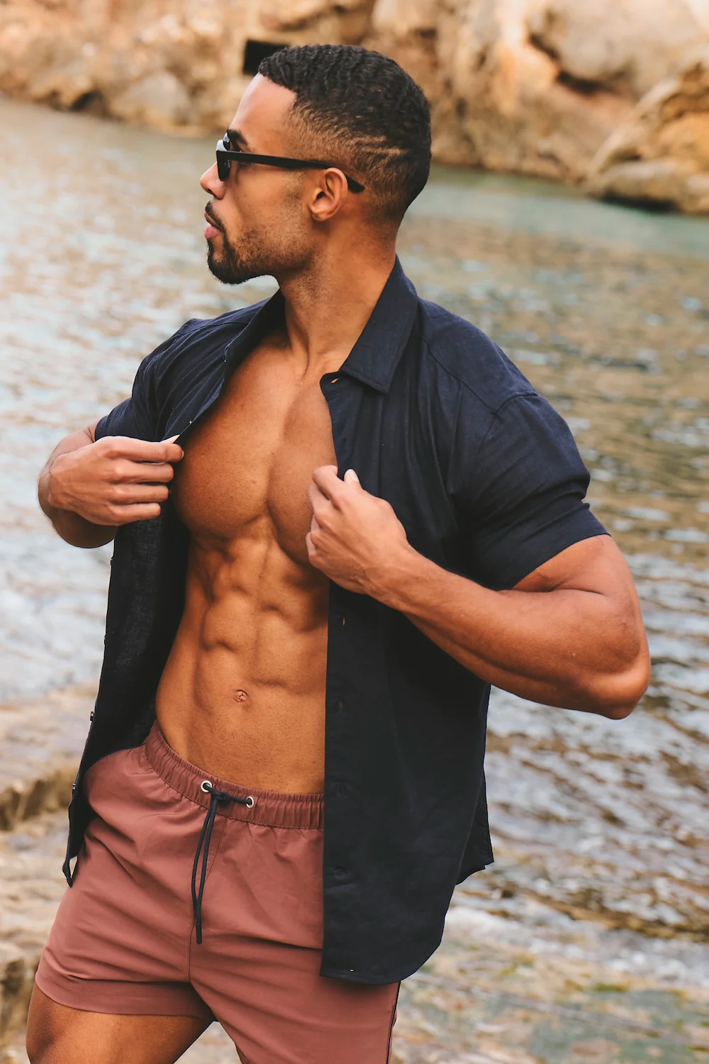 Stretch Linen Blend Button Through Shirt in Navy - Image 5