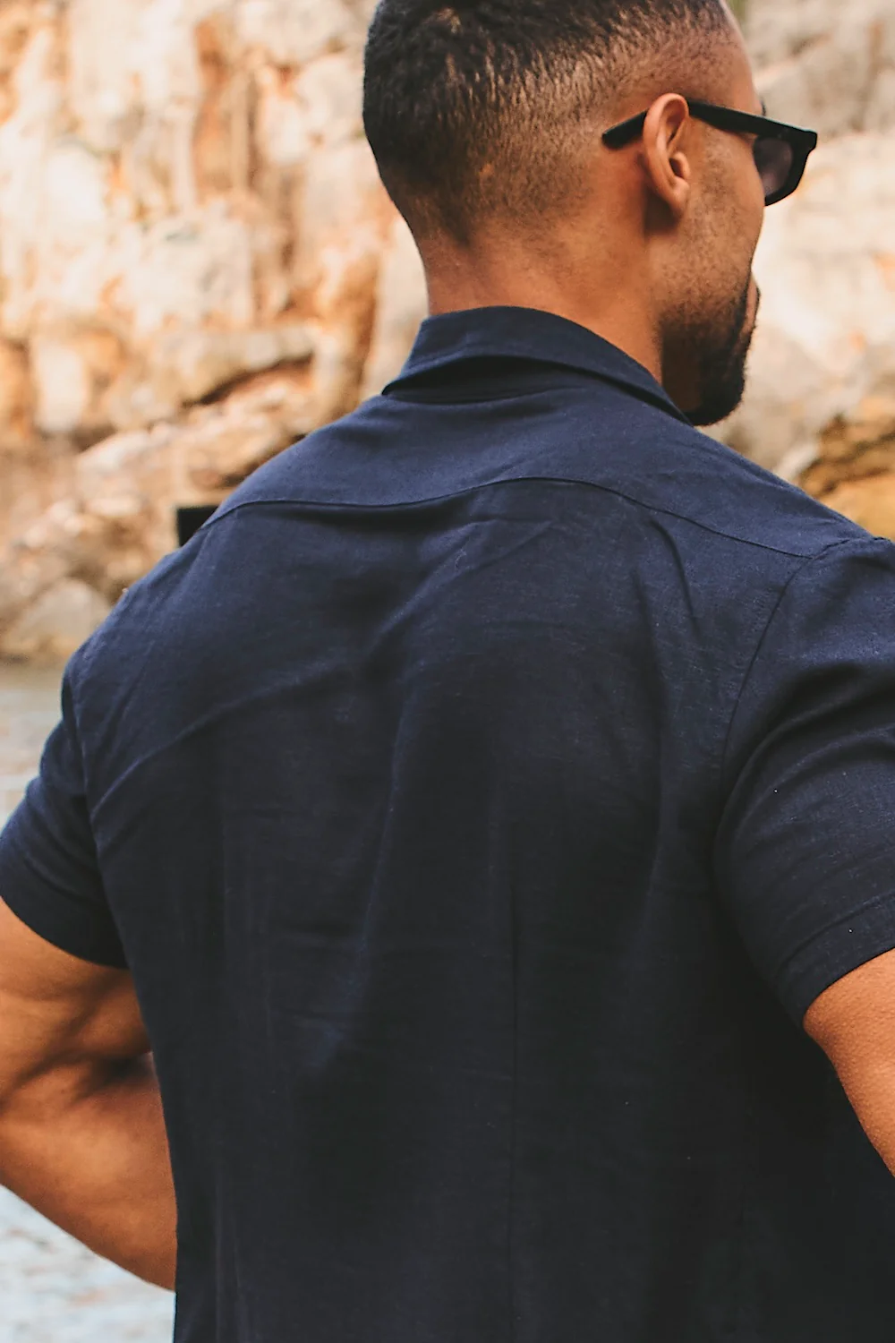 Stretch Linen Blend Button Through Shirt in Navy - Image 7