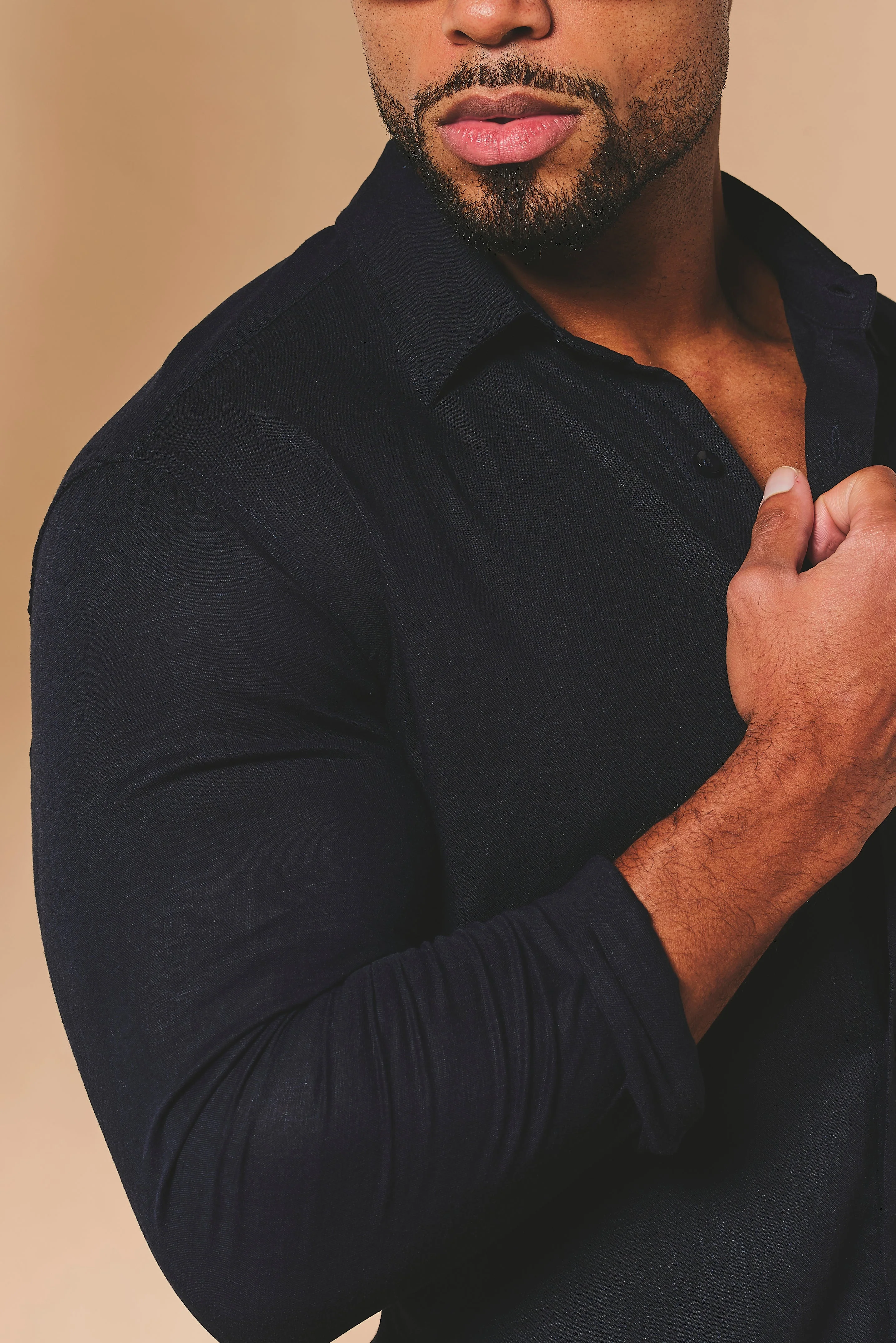 Stretch Linen Blend Button Through Shirt in Navy - Image 2