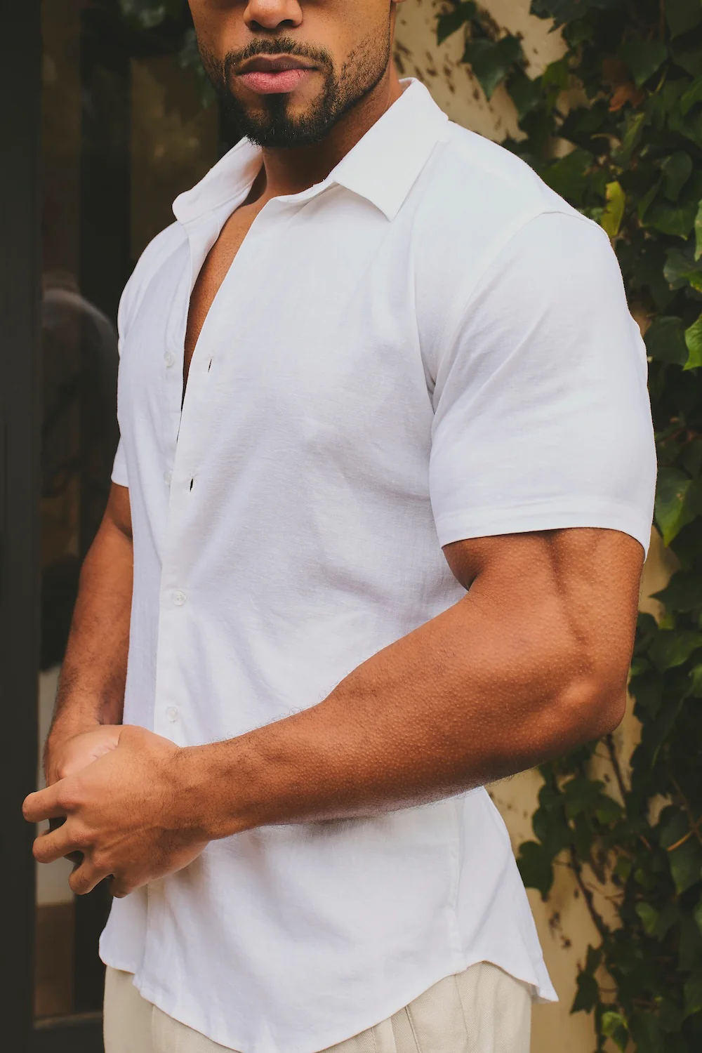 Stretch Linen Blend Button Through Shirt in White - Image 5