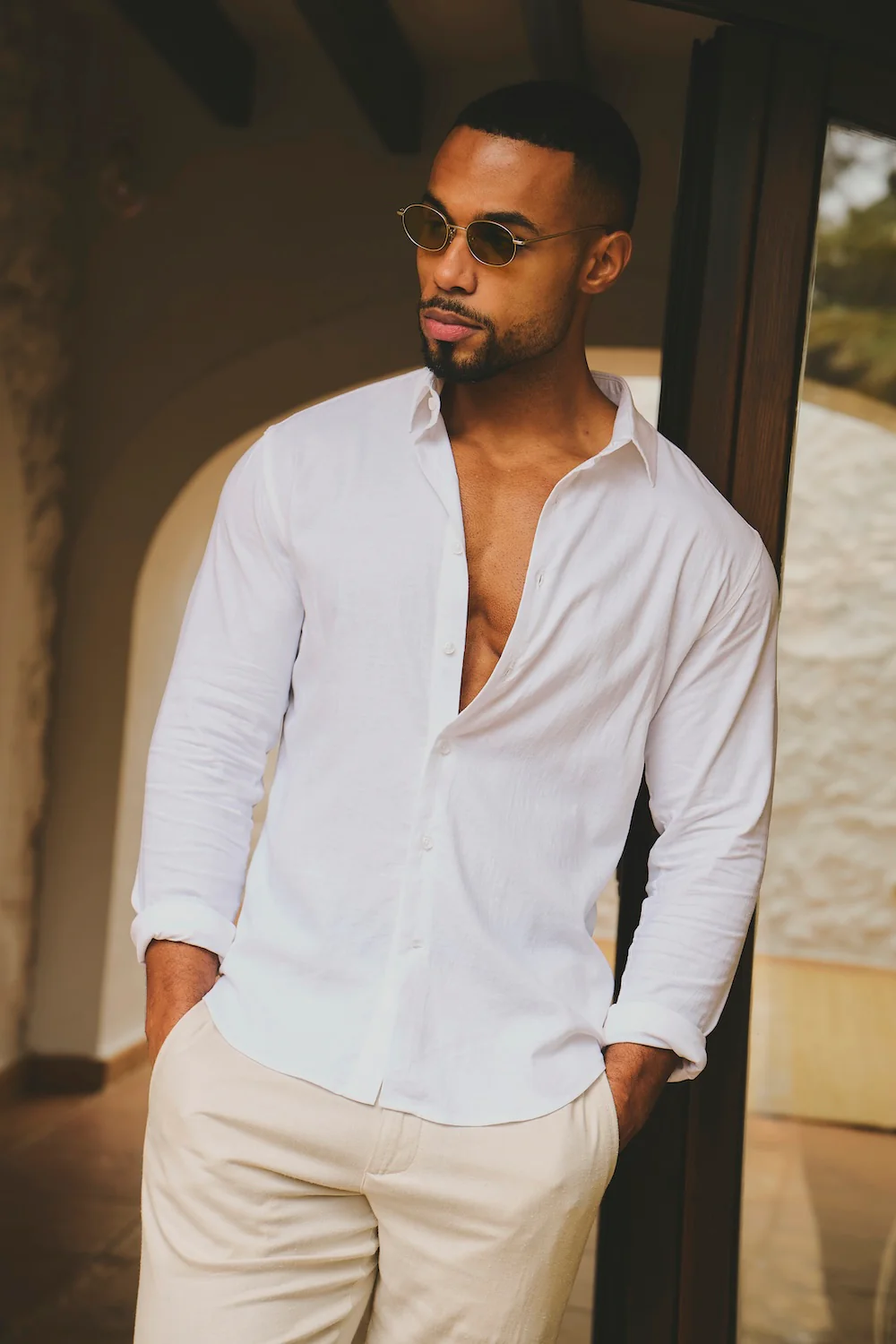 Stretch Linen Blend Button Through Shirt in White - Image 3