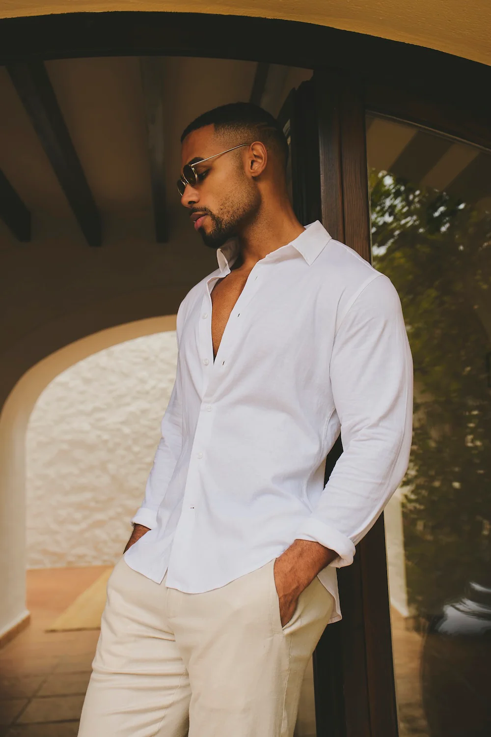 Stretch Linen Blend Button Through Shirt in White - Image 4