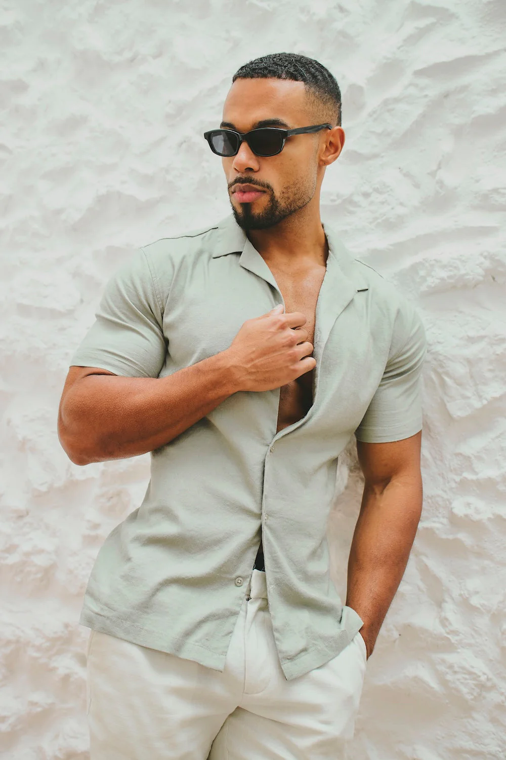 Stretch Linen Blend Cuban Collar Shirt in Soft Sage - Image 5