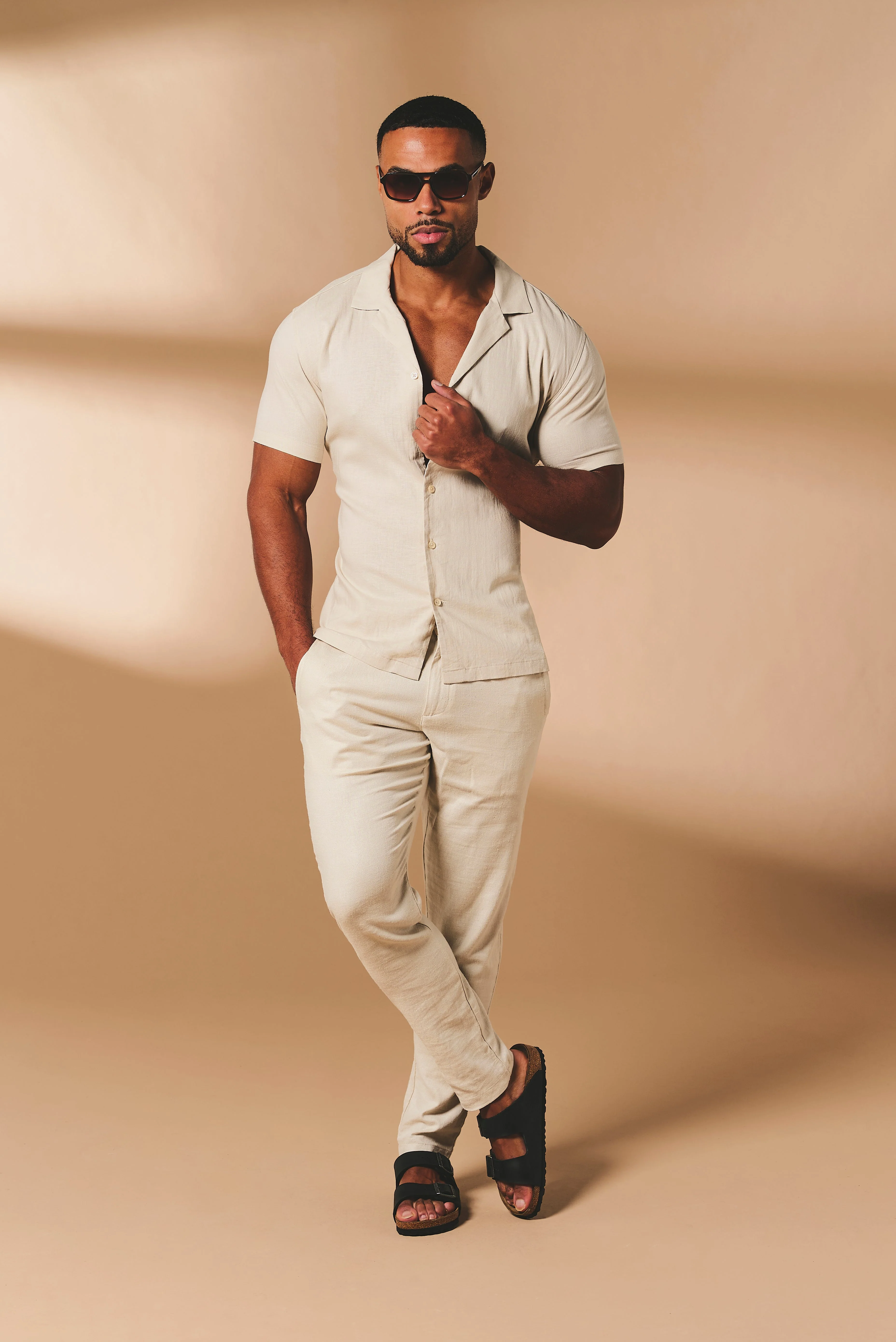 Stretch Linen Blend Cuban Collar Shirt in Stone - Image 2