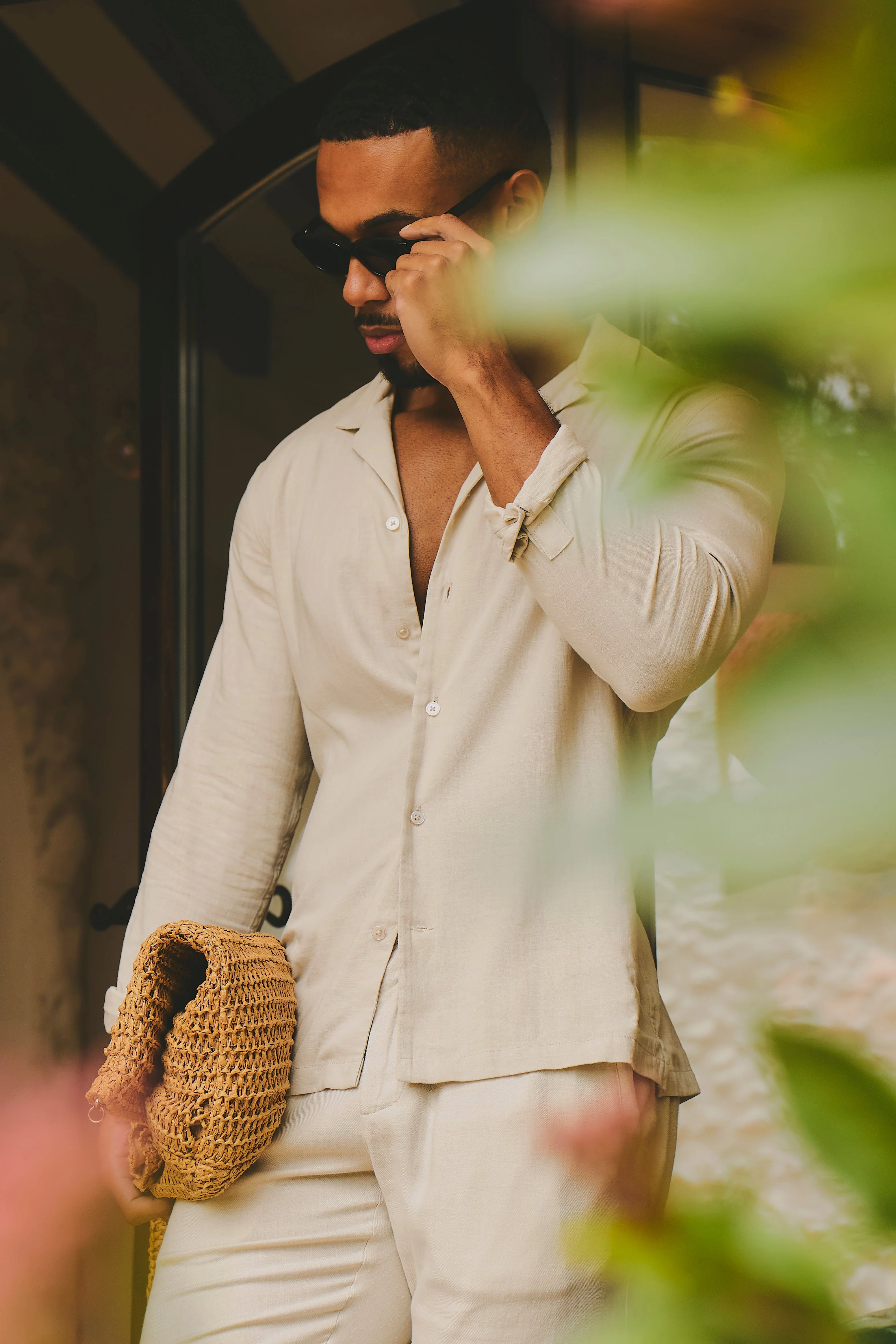 Stretch Linen Blend Cuban Collar Shirt in Stone - Image 5