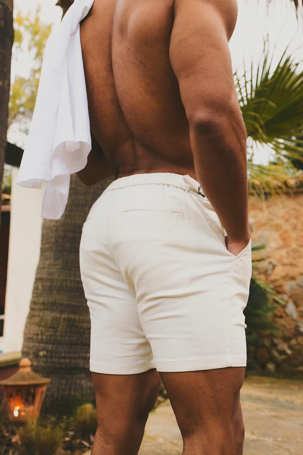 Stretch Linen Blend Pleat Side Adjuster Shorts in Chalk - Image 6
