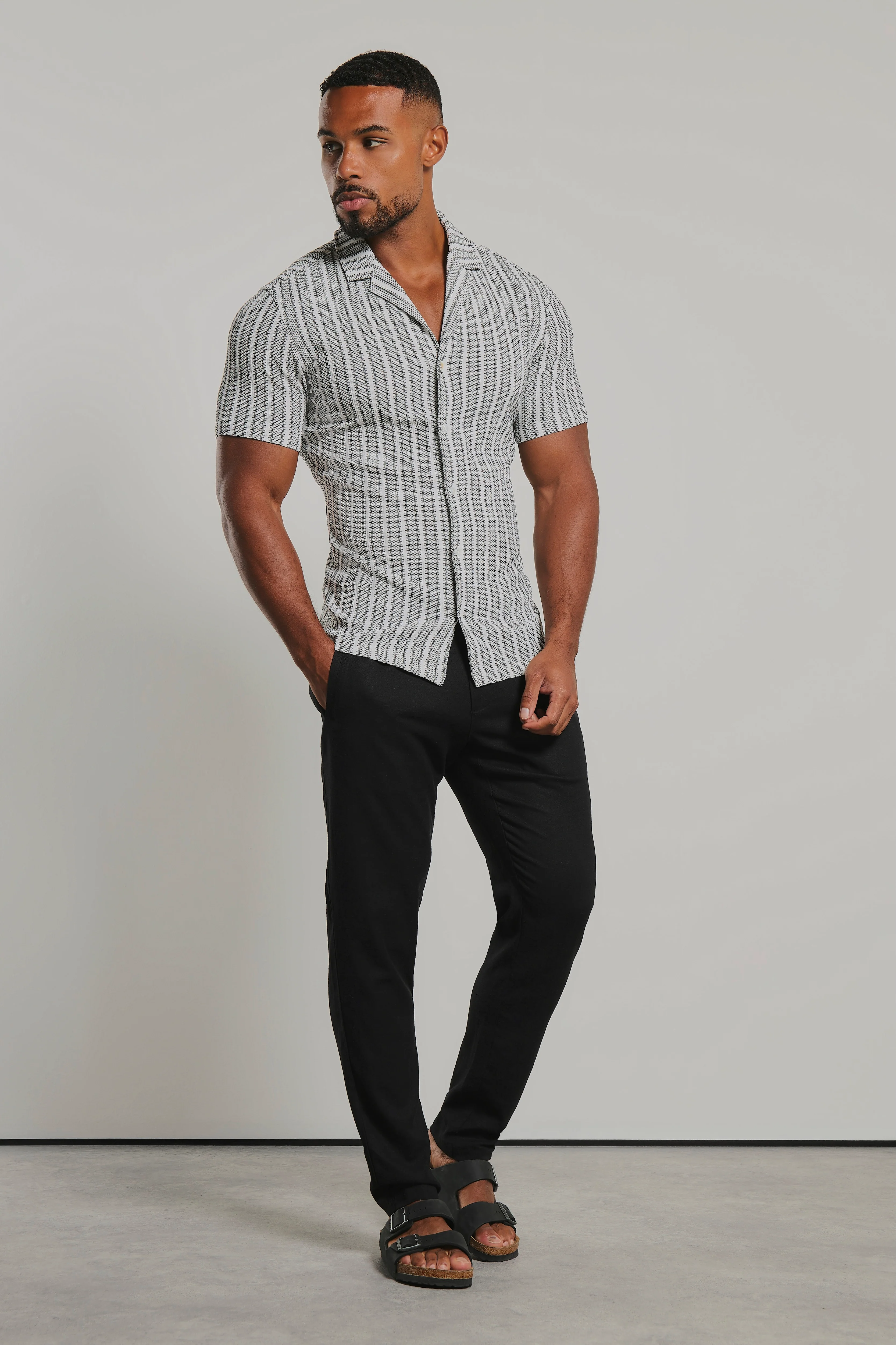 Stripe Crochet Cuban Collar Shirt in White and Grey - Image 3