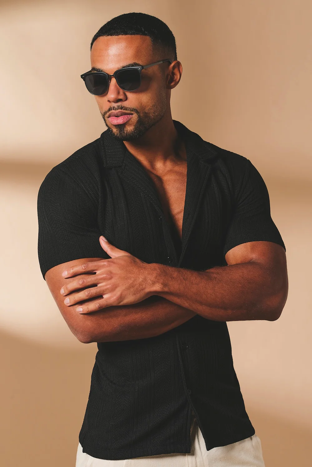 Stripe Patterned Cuban Collar Shirt in Black - Image 2