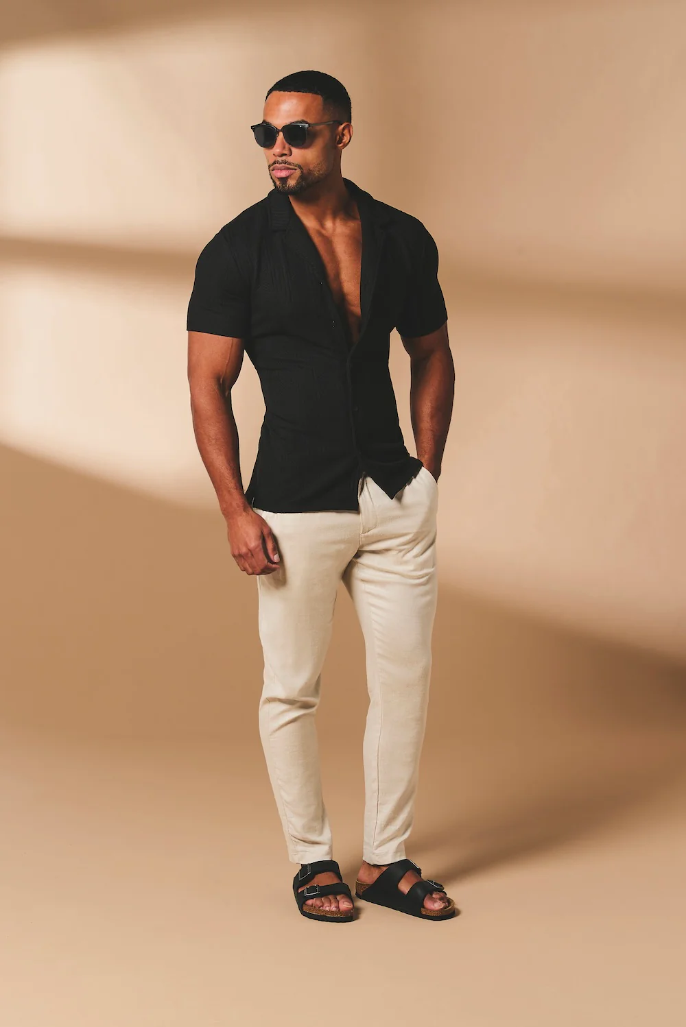 Stripe Patterned Cuban Collar Shirt in Black - Image 3