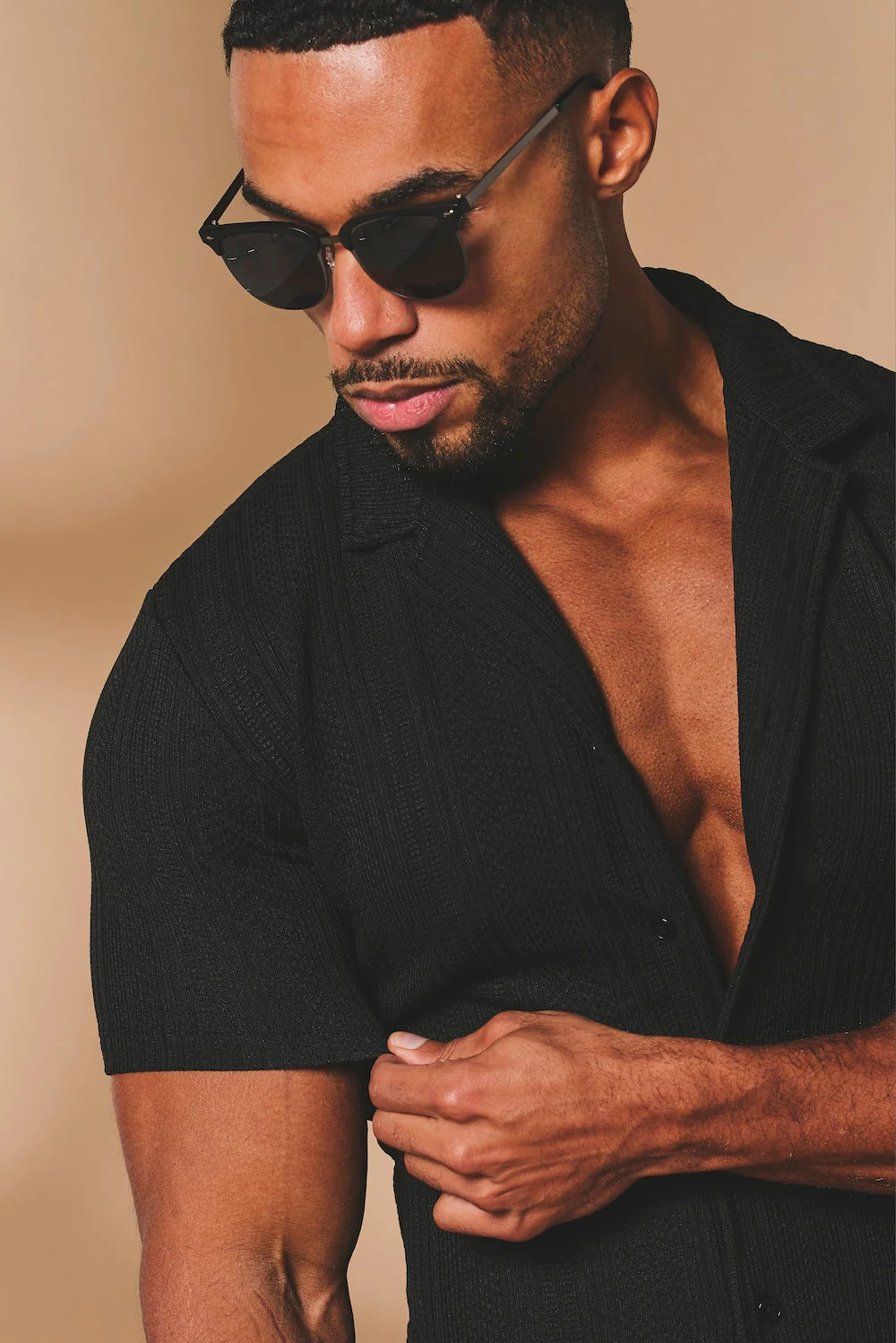 Stripe Patterned Cuban Collar Shirt in Black - Image 4