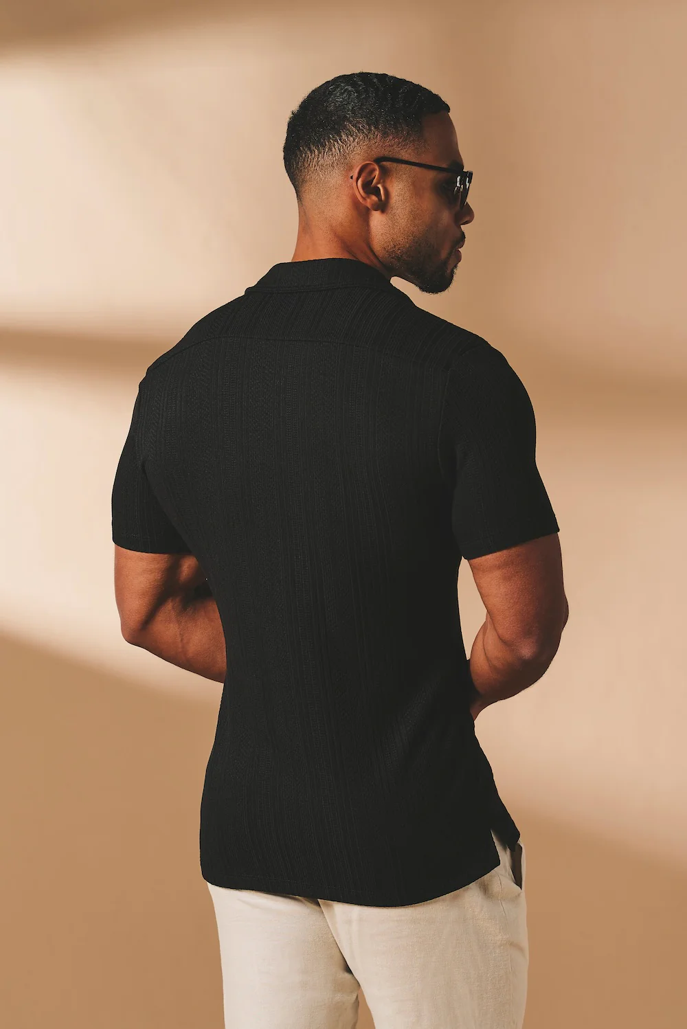 Stripe Patterned Cuban Collar Shirt in Black - Image 6