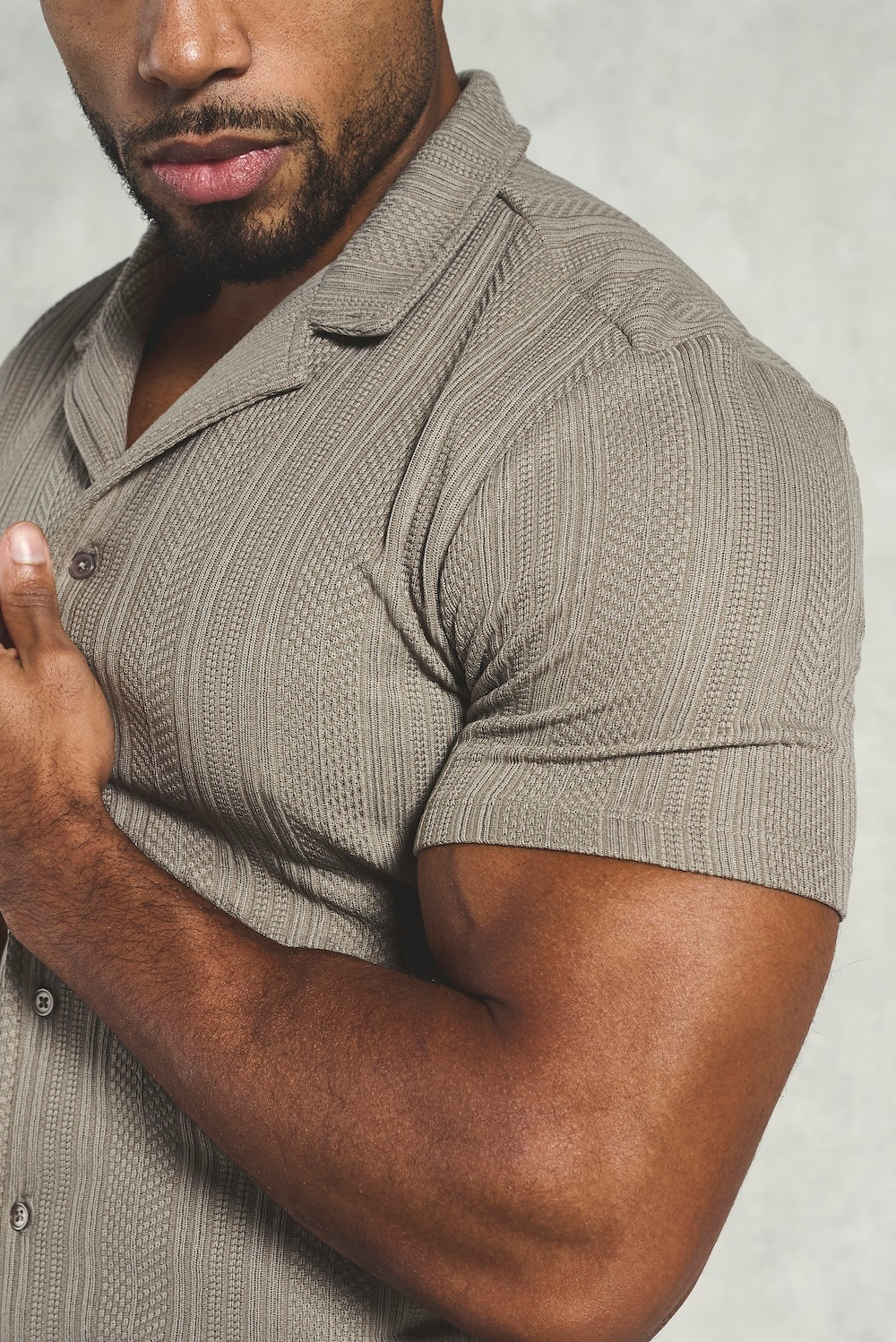 Stripe Patterned Cuban Collar Shirt in Dark Putty - Image 2