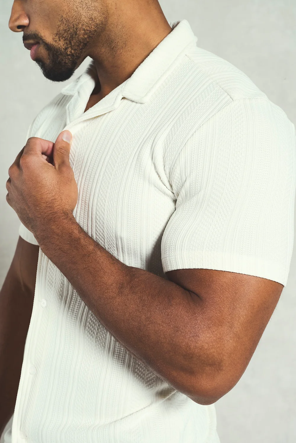 Stripe Patterned Cuban Collar Shirt in Ecru - Image 3