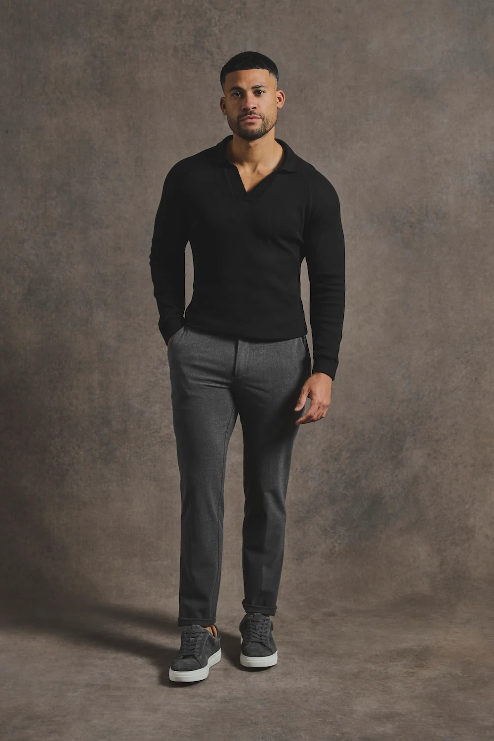 Textured Buttonless Polo Shirt in Black - Image 2