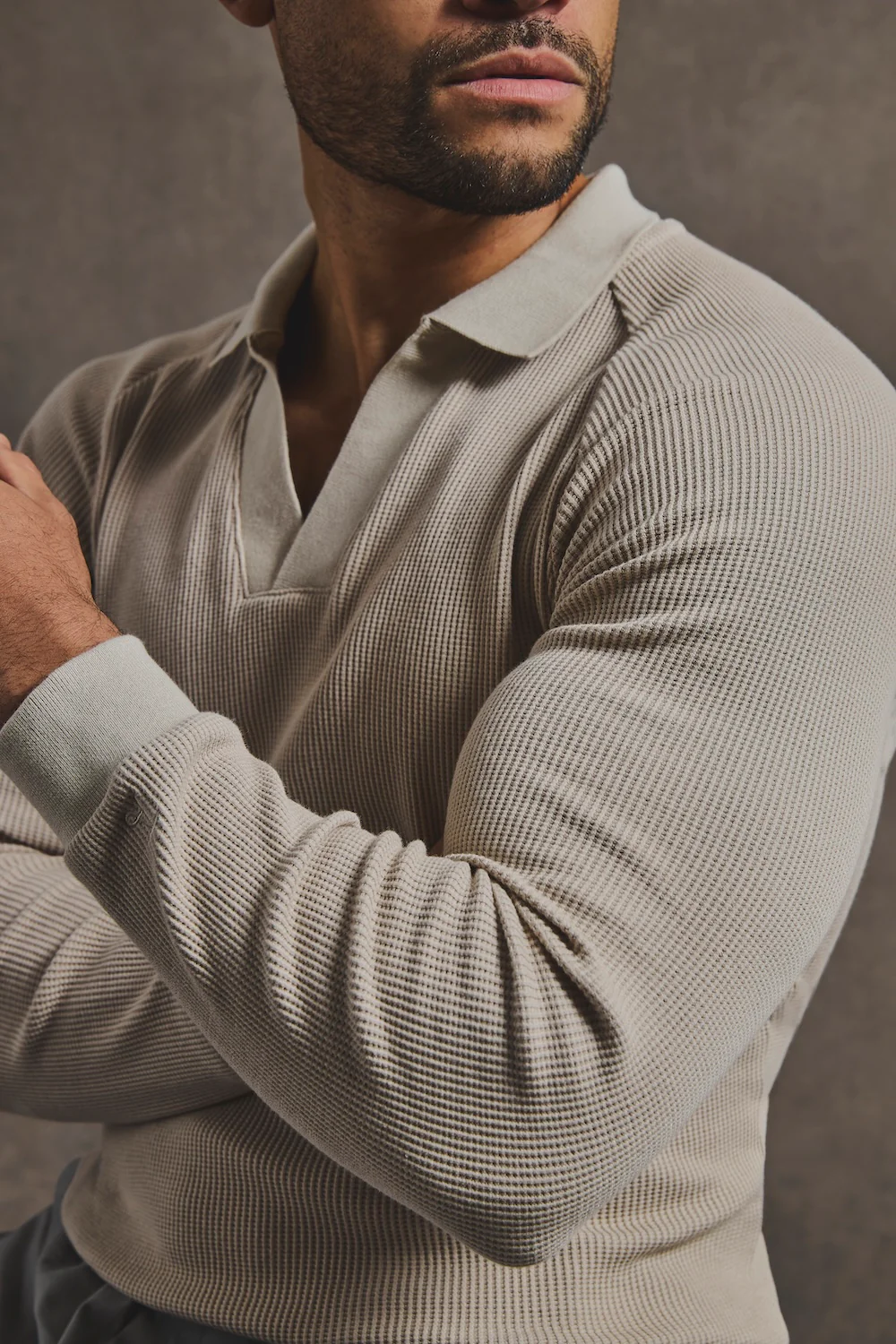 Textured Buttonless Polo Shirt in Stone - Image 5