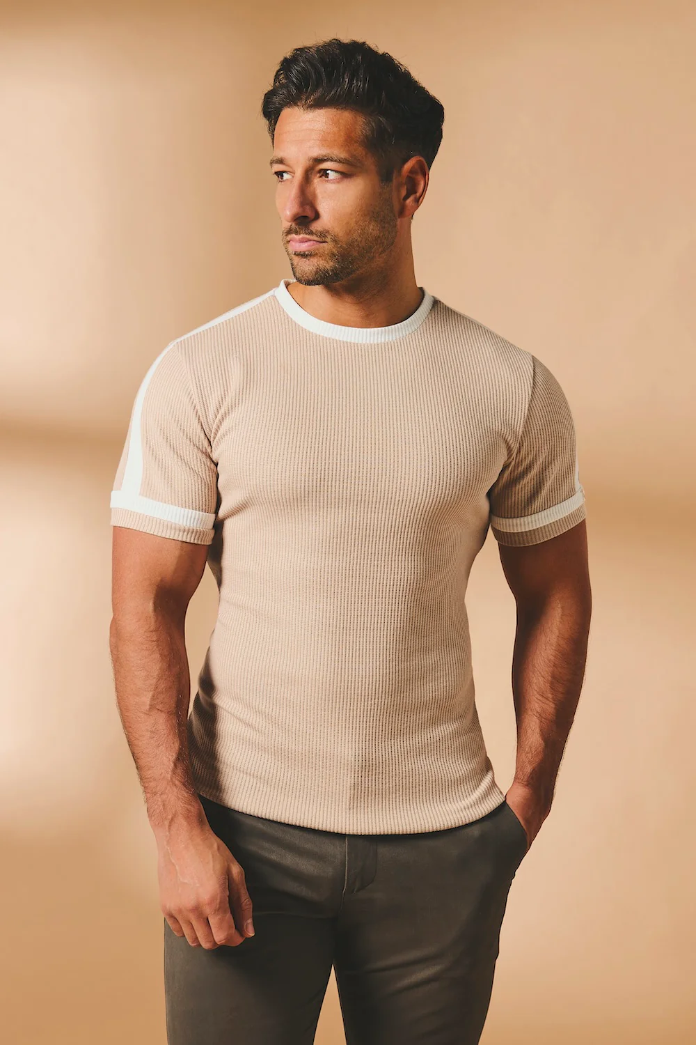 Textured Colour Blocked T-Shirt in Stone and White - Image 2