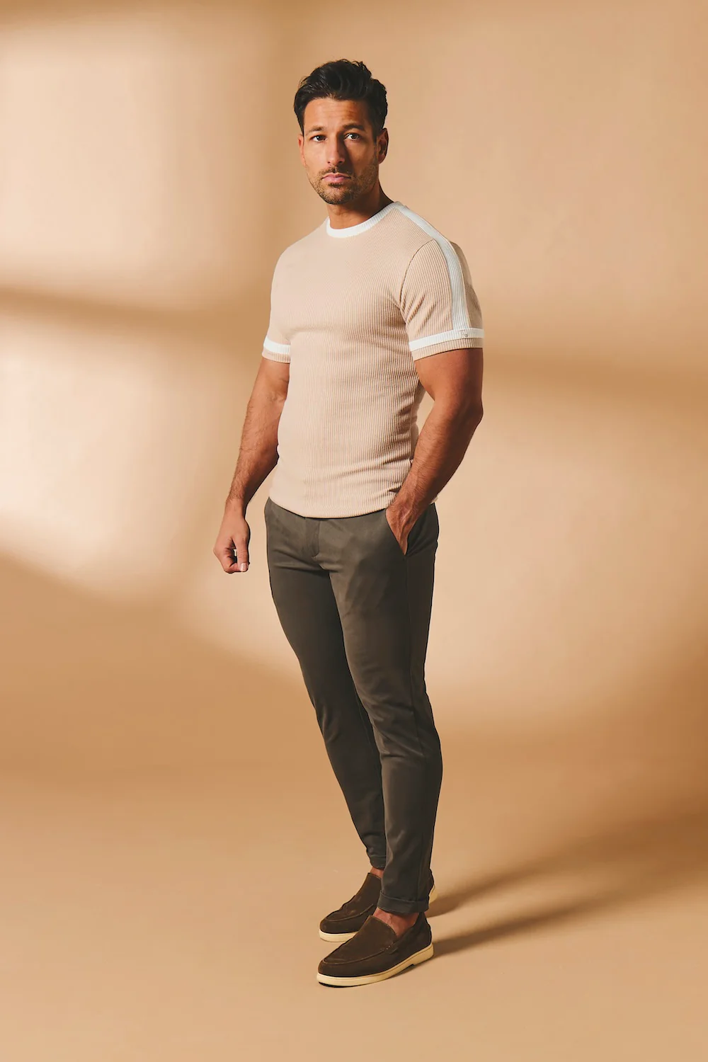 Textured Colour Blocked T-Shirt in Stone and White - Image 3