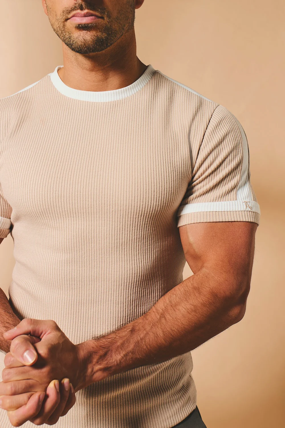 Textured Colour Blocked T-Shirt in Stone and White - Image 4