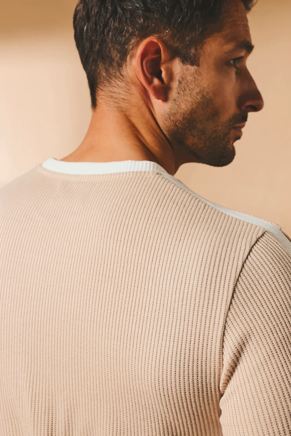 Textured Colour Blocked T-Shirt in Stone and White - Image 6