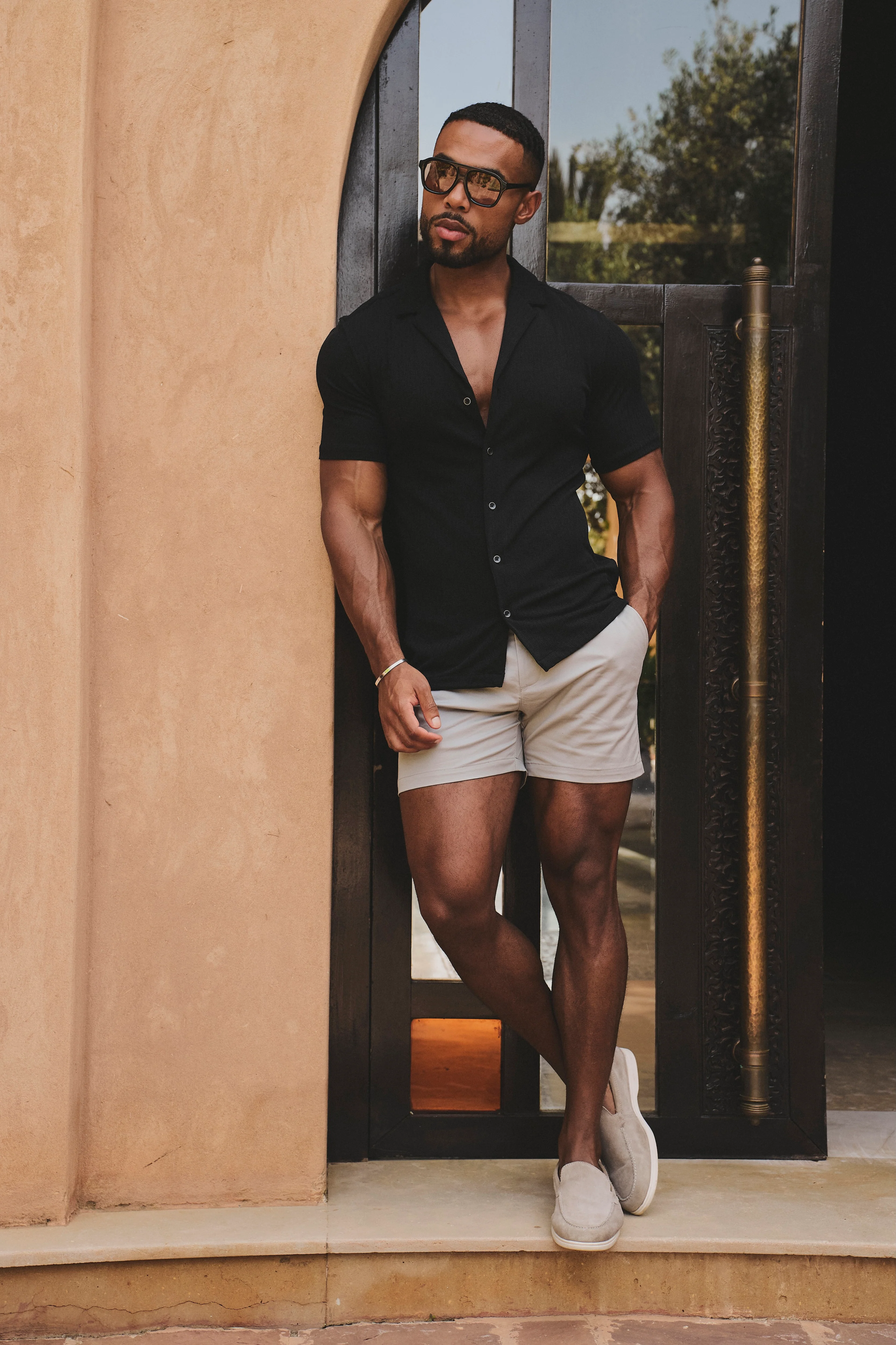 Linear Textured Cuban Collar Shirt in Black - Image 2