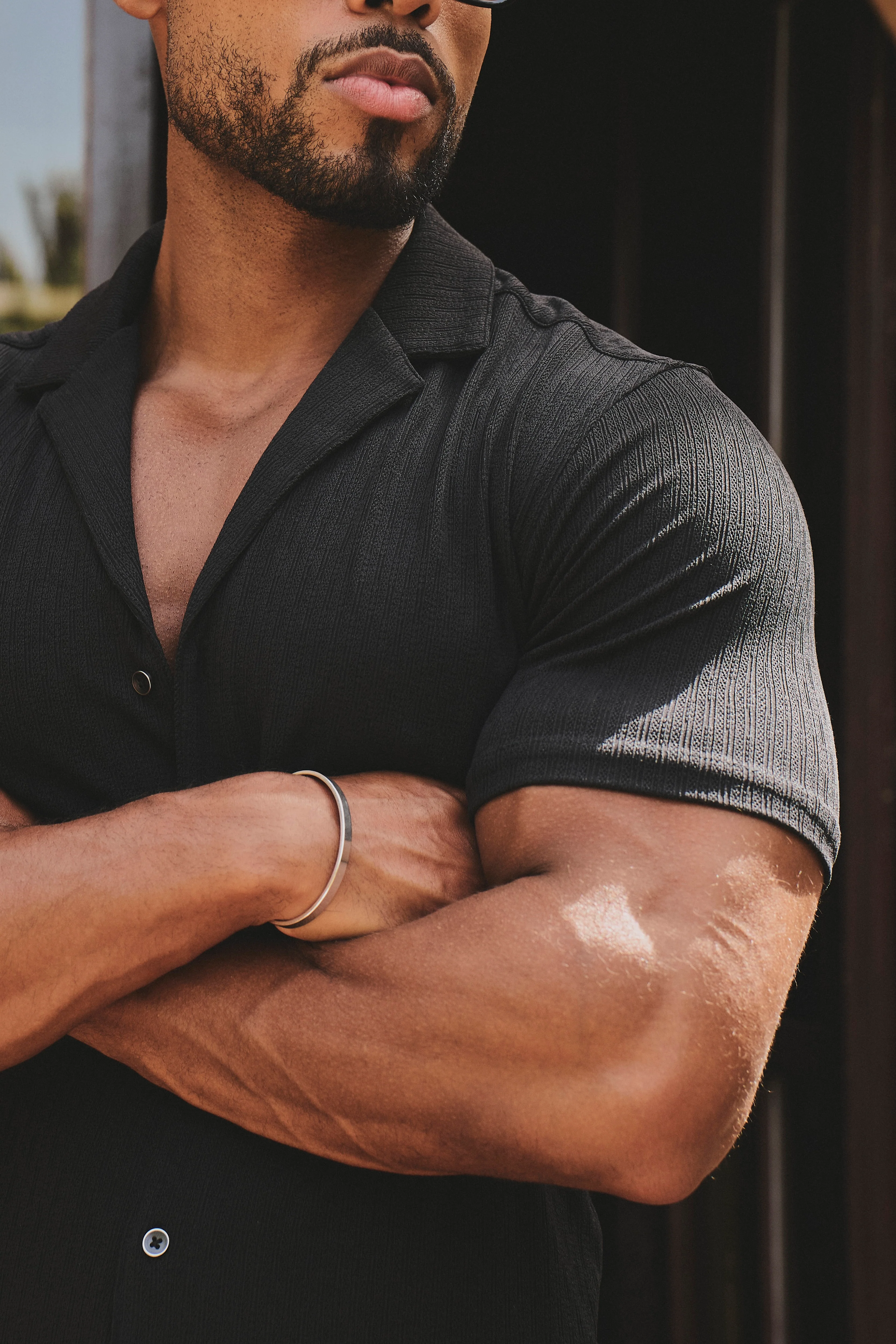 Linear Textured Cuban Collar Shirt in Black - Image 3