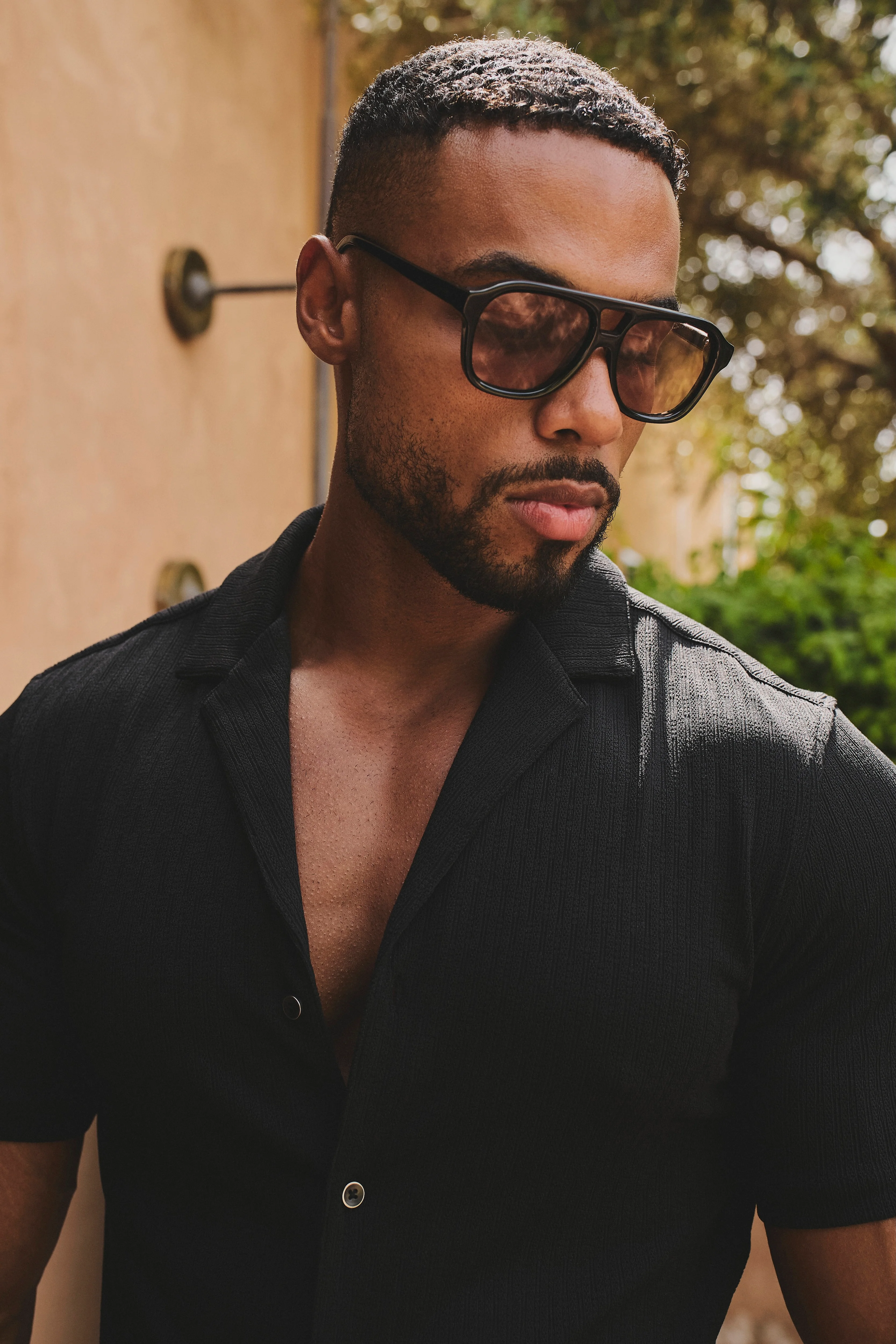 Linear Textured Cuban Collar Shirt in Black - Image 6