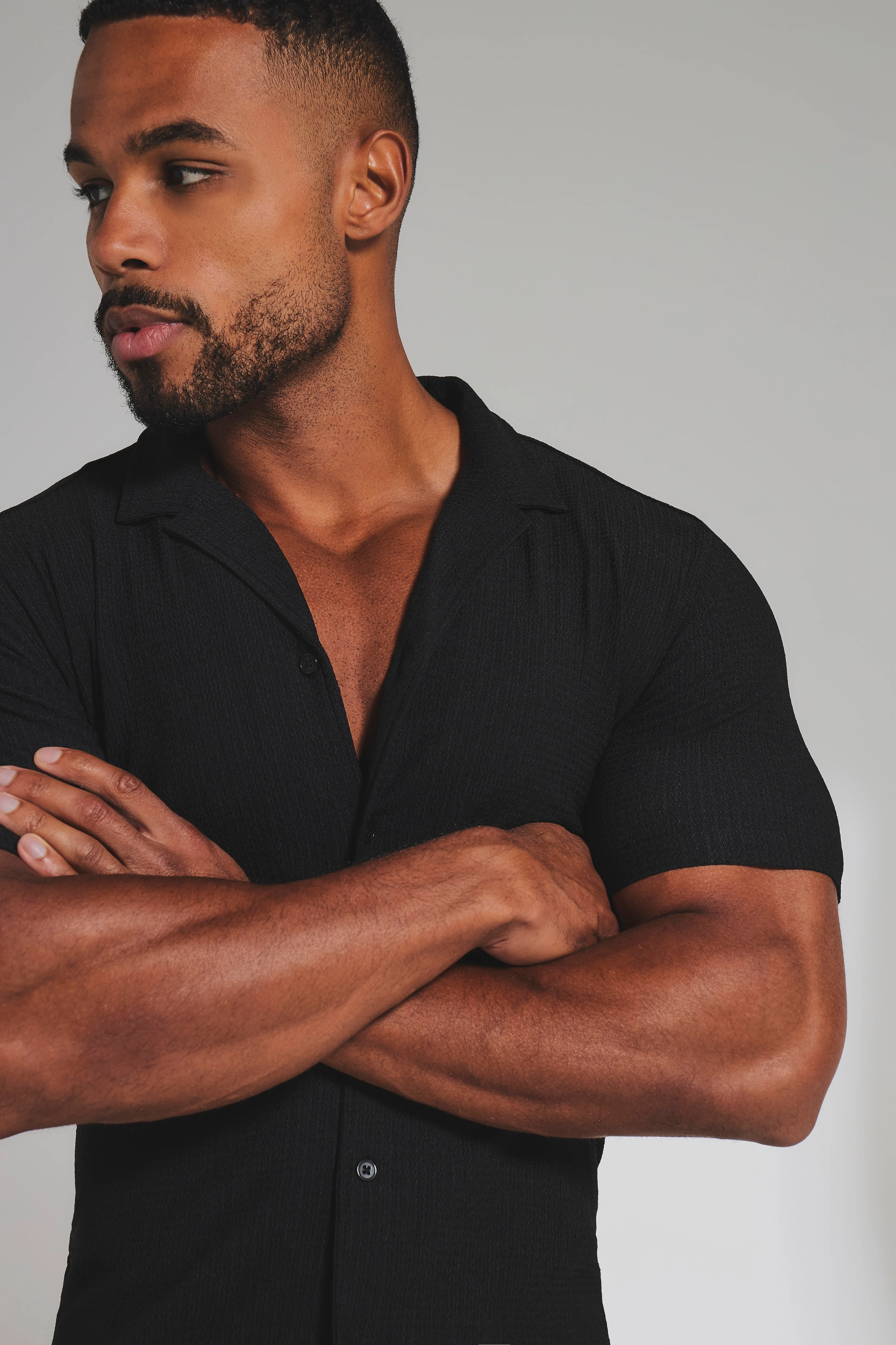 Textured Cuban Collar Shirt in Black - Image 3