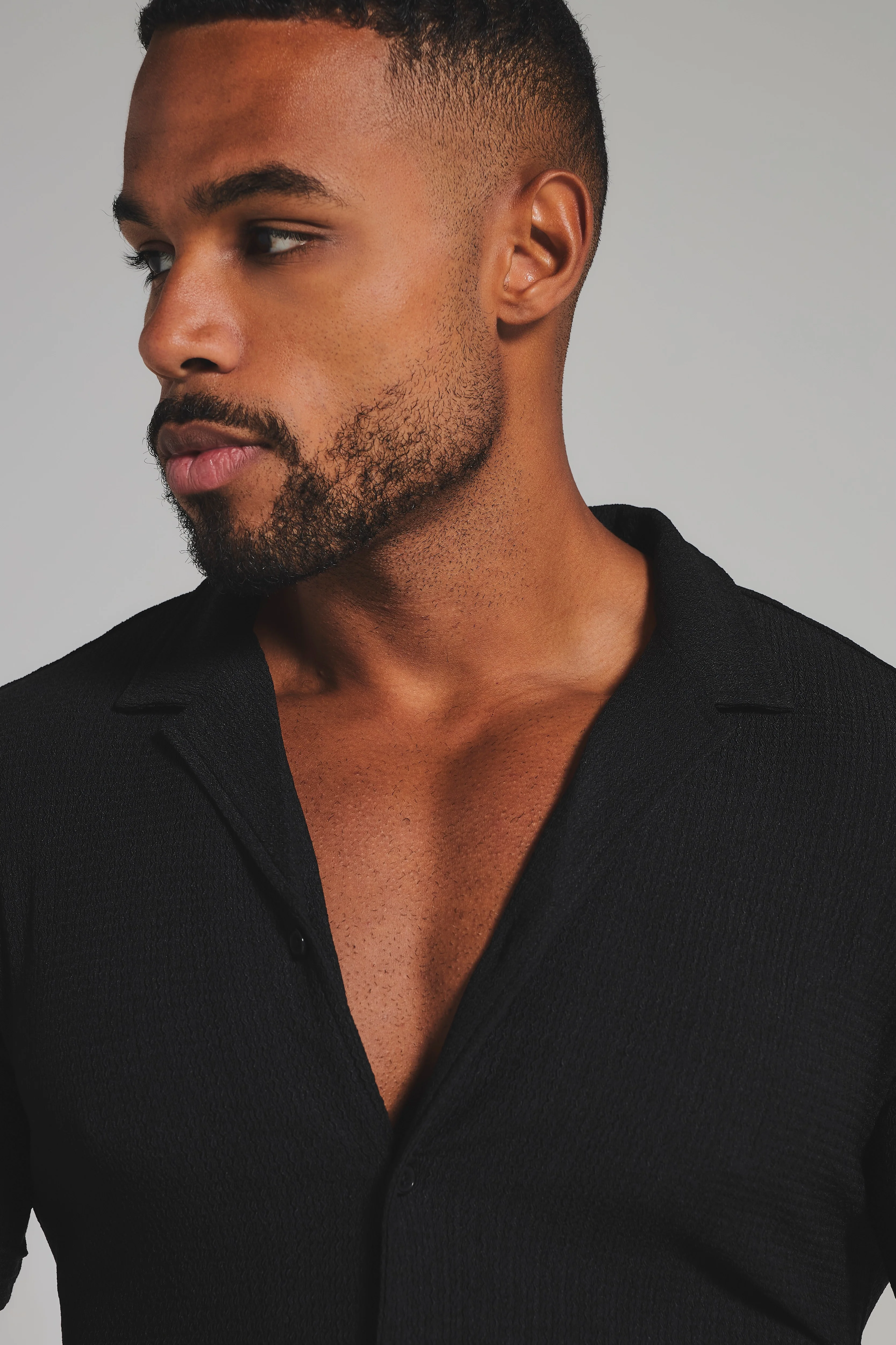 Textured Cuban Collar Shirt in Black - Image 5