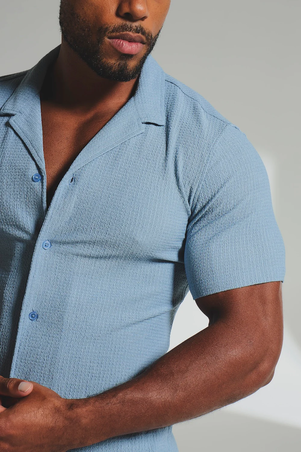 Textured Cuban Collar Shirt in Slate Blue - Image 5