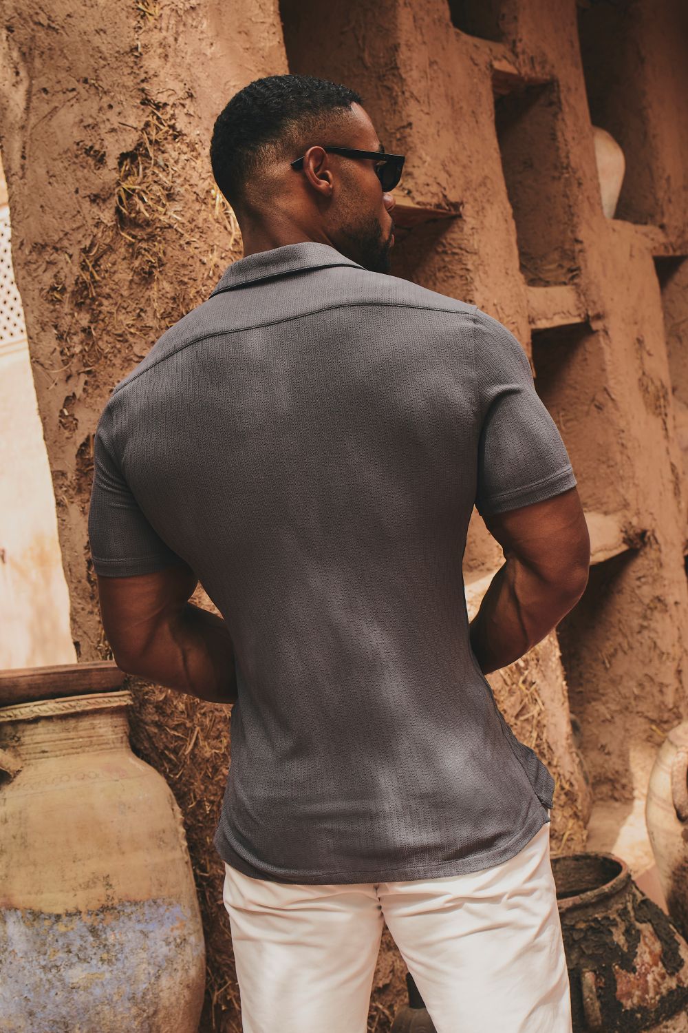 Linear Textured Cuban Collar Shirt in Slate Grey - Image 6