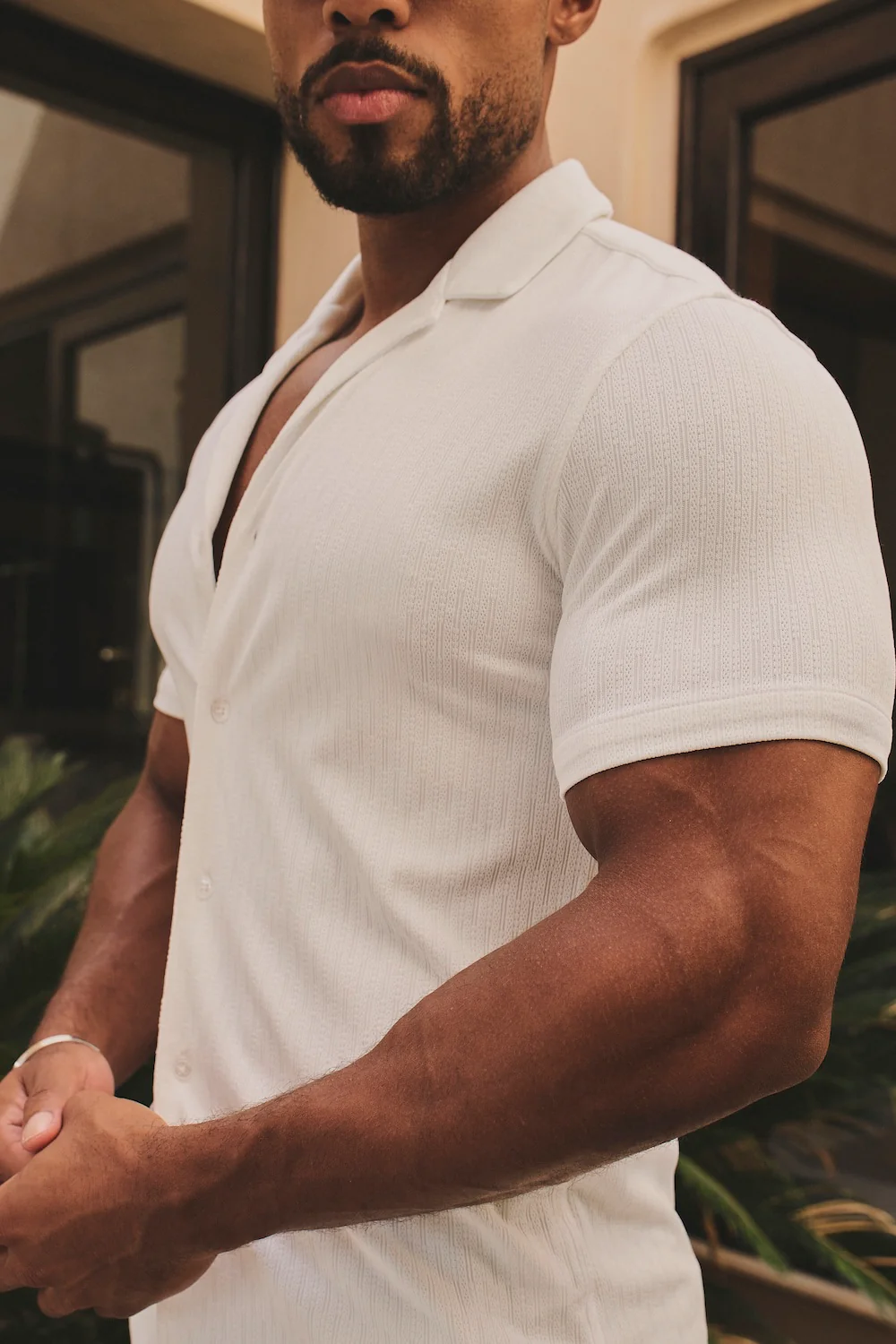 Linear Textured Cuban Collar Shirt in White - Image 3