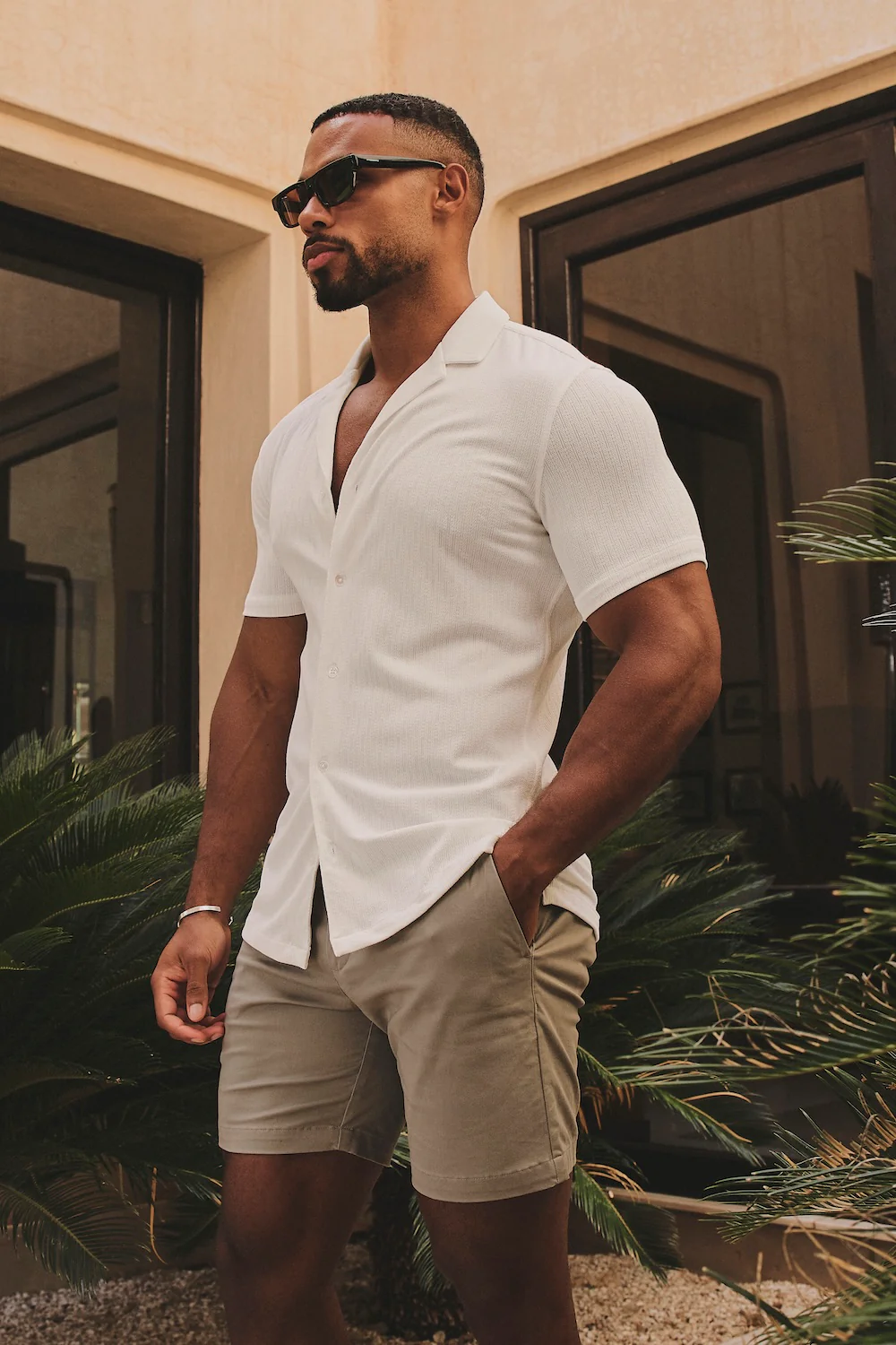 Linear Textured Cuban Collar Shirt in White - Image 4