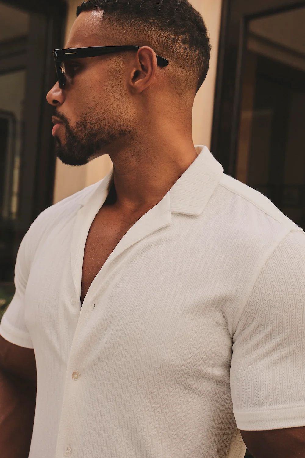 Linear Textured Cuban Collar Shirt in White - Image 5